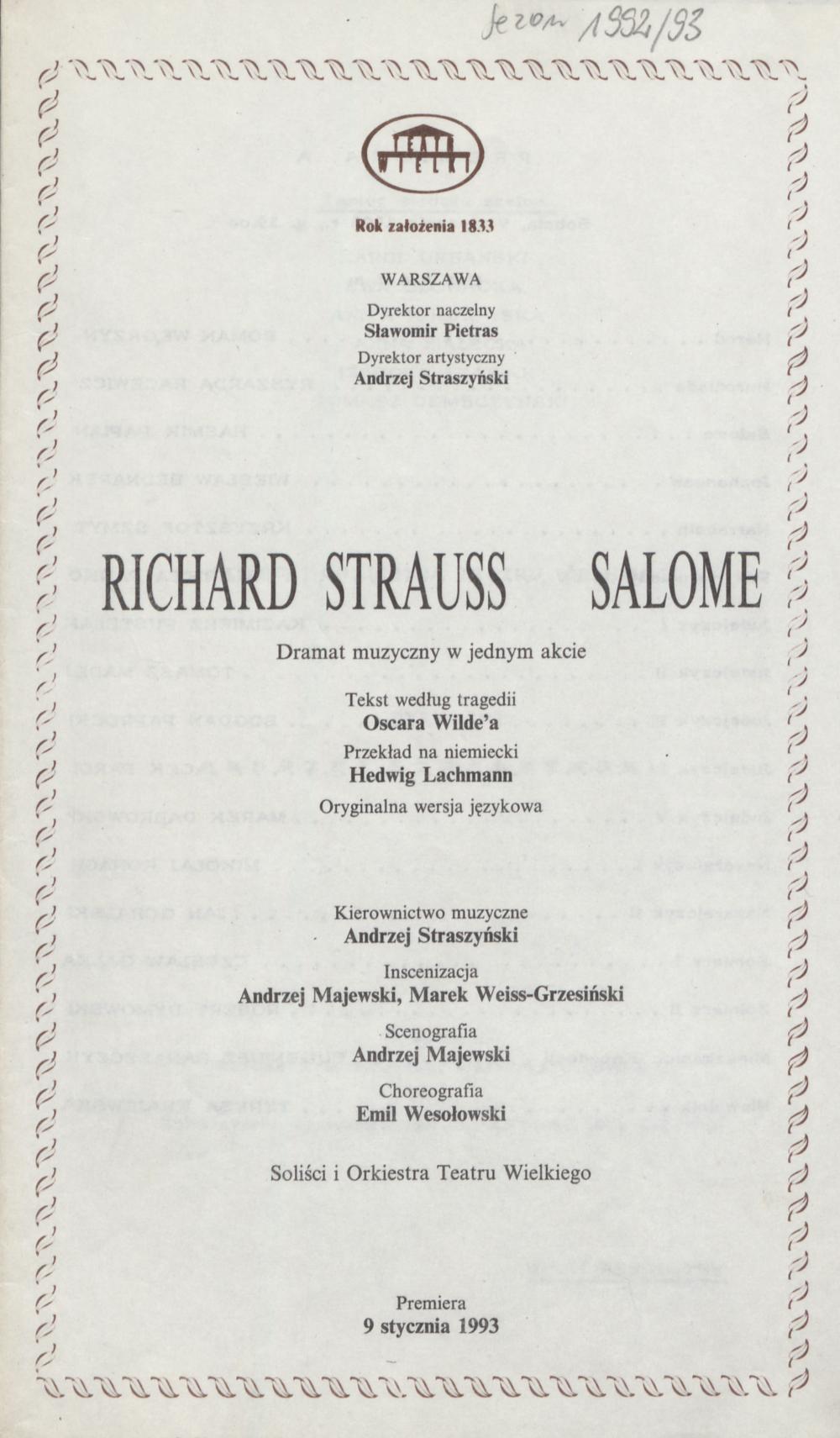 Wkładka premierowa A „Salome” Richard Strauss 09-01-1993