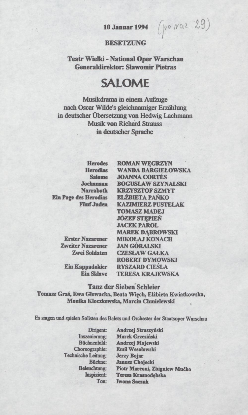 Wkładka obsadowa „Salome” Richard Strauss 10-01-1994