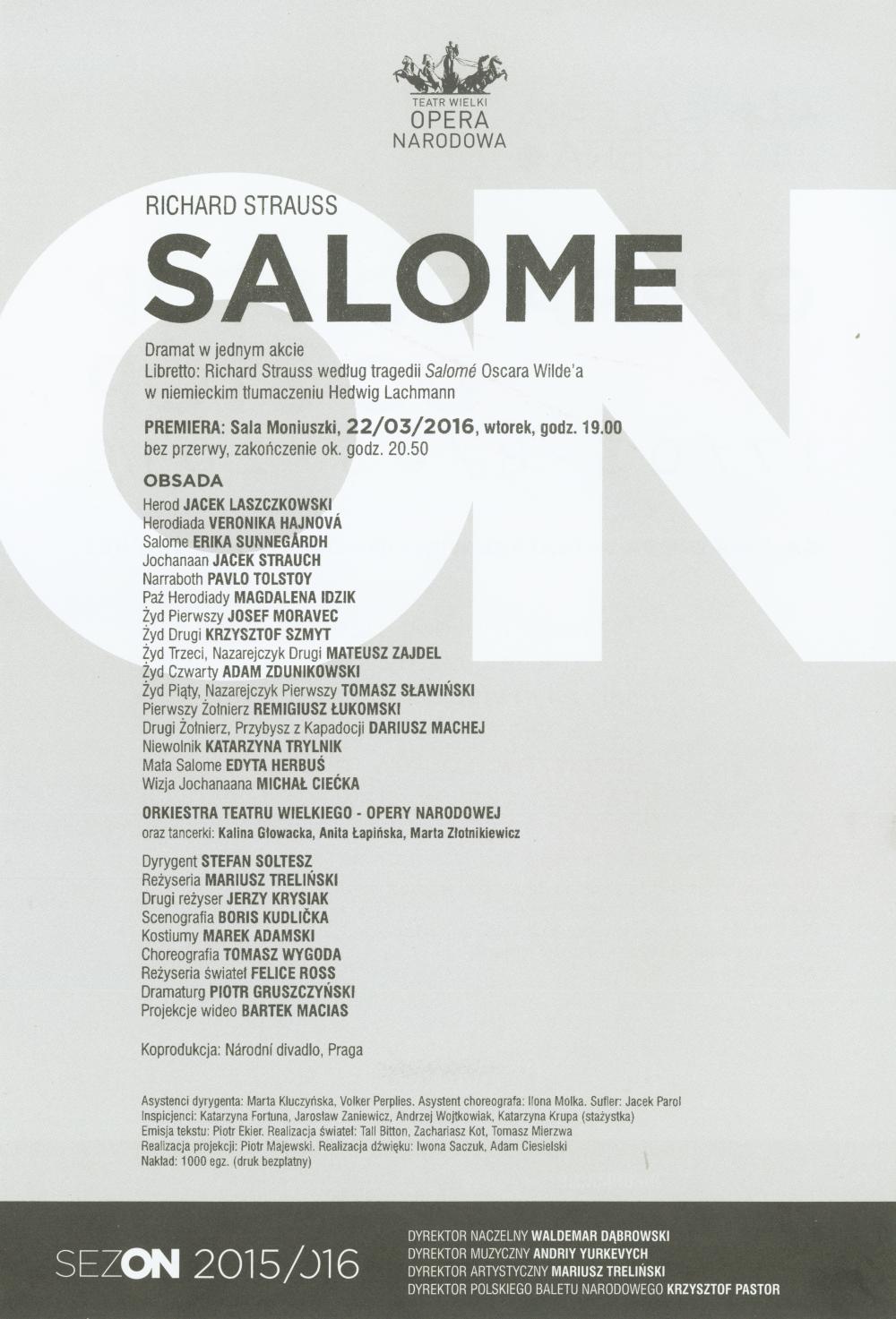 Wkładka obsadowa „Salome” Richard Strauss premiera 2016-03-22