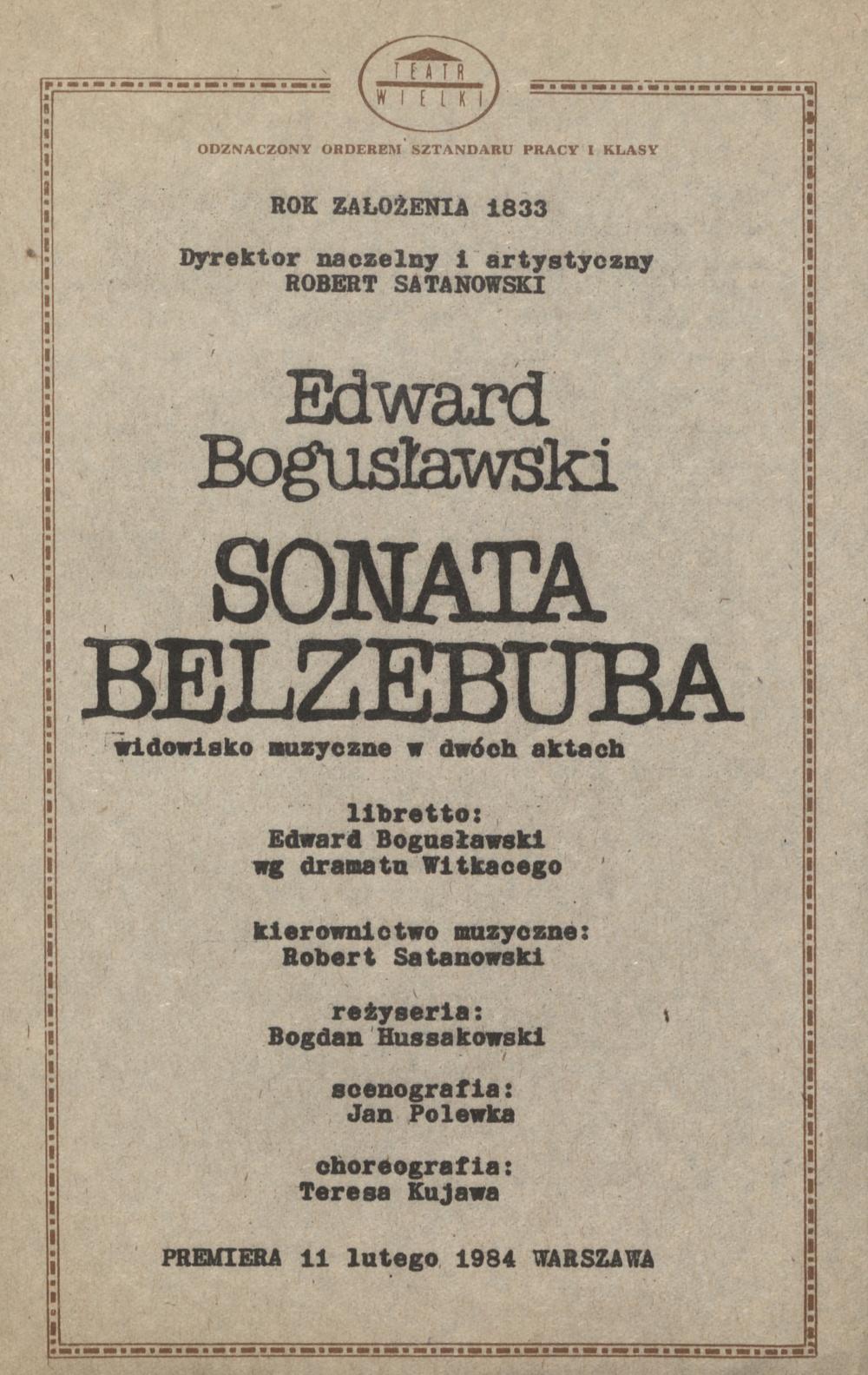Wkładka obsadowa „Sonata Belzebuba” Edward Bogusławski 19-02-1985