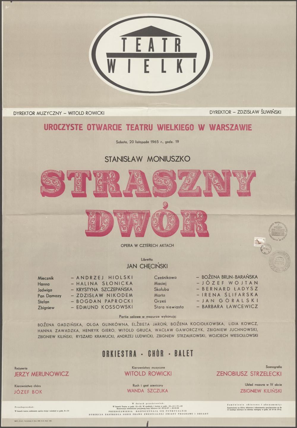 Afisz premierowy „Straszny dwór” Stanisław Moniuszko 20-11-1965