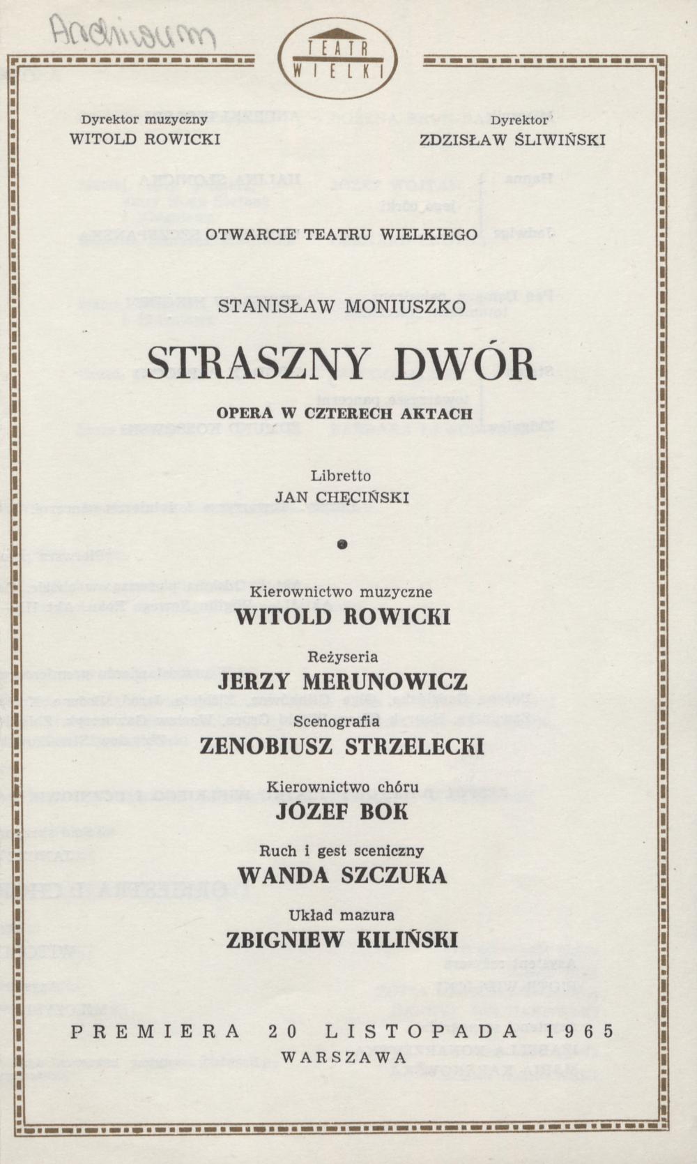 Wkładka obsadowa „Straszny dwór” Stanisław Moniuszko 20-11-1965