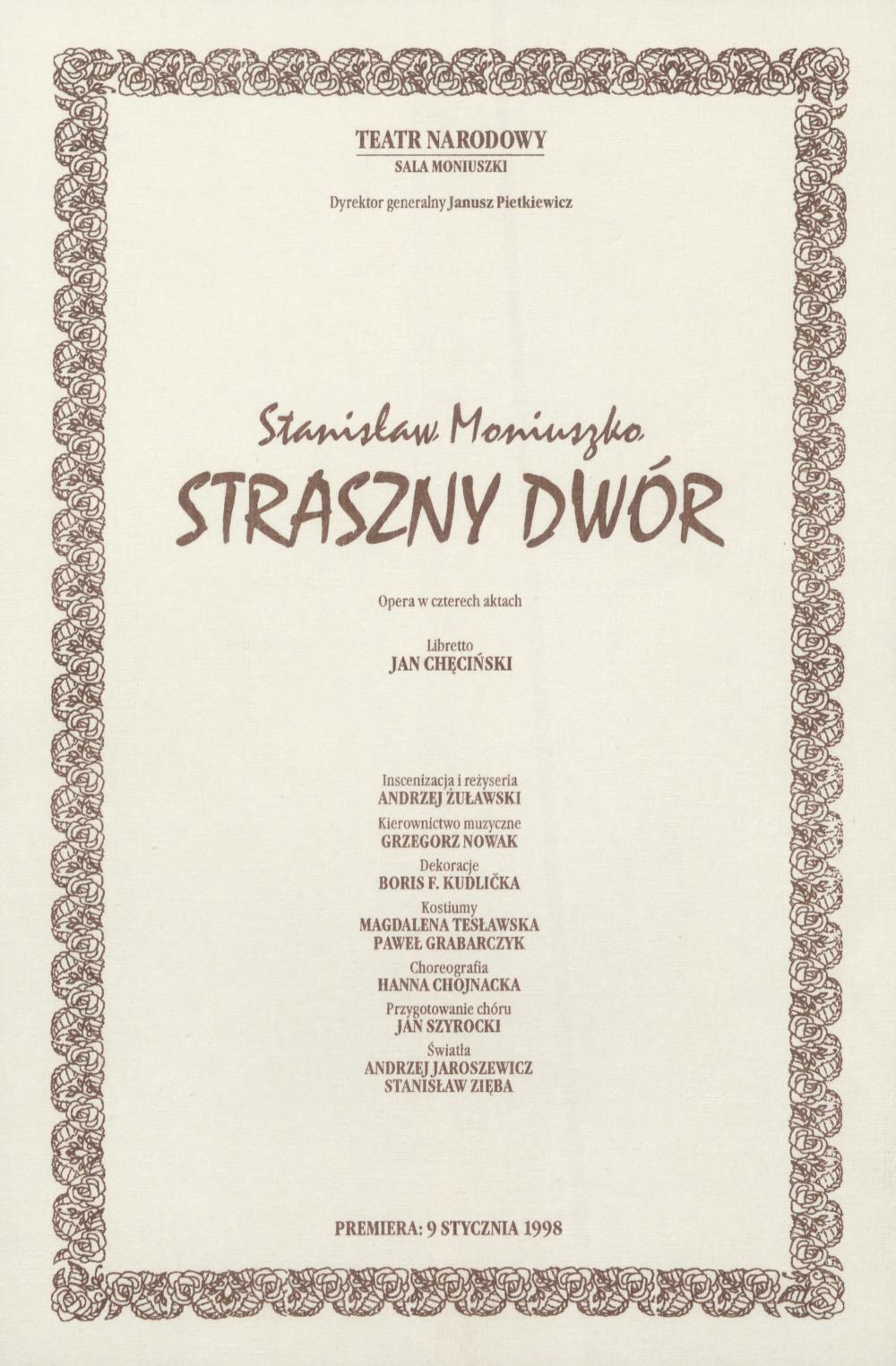 Wkładka obsadowa „Straszny dwór” Stanisław Moniuszko 09-01-1998