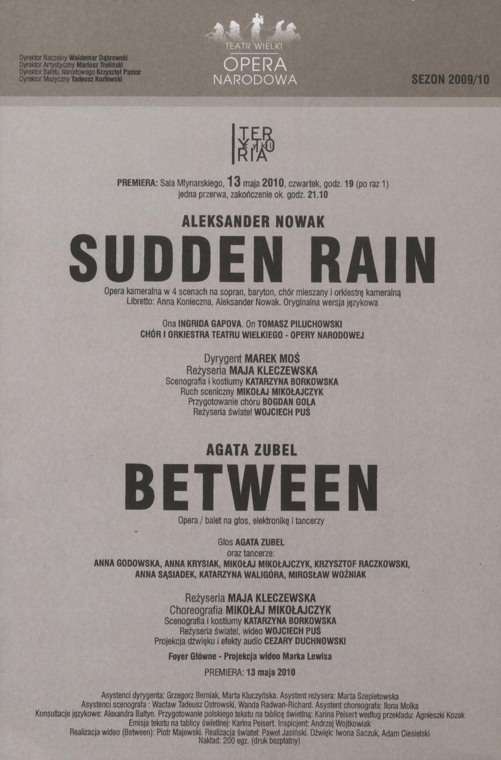 Wkładka premierowa „Sudden Rain” Aleksander Nowak, ”Between” Agata Zubel 13-05-2010