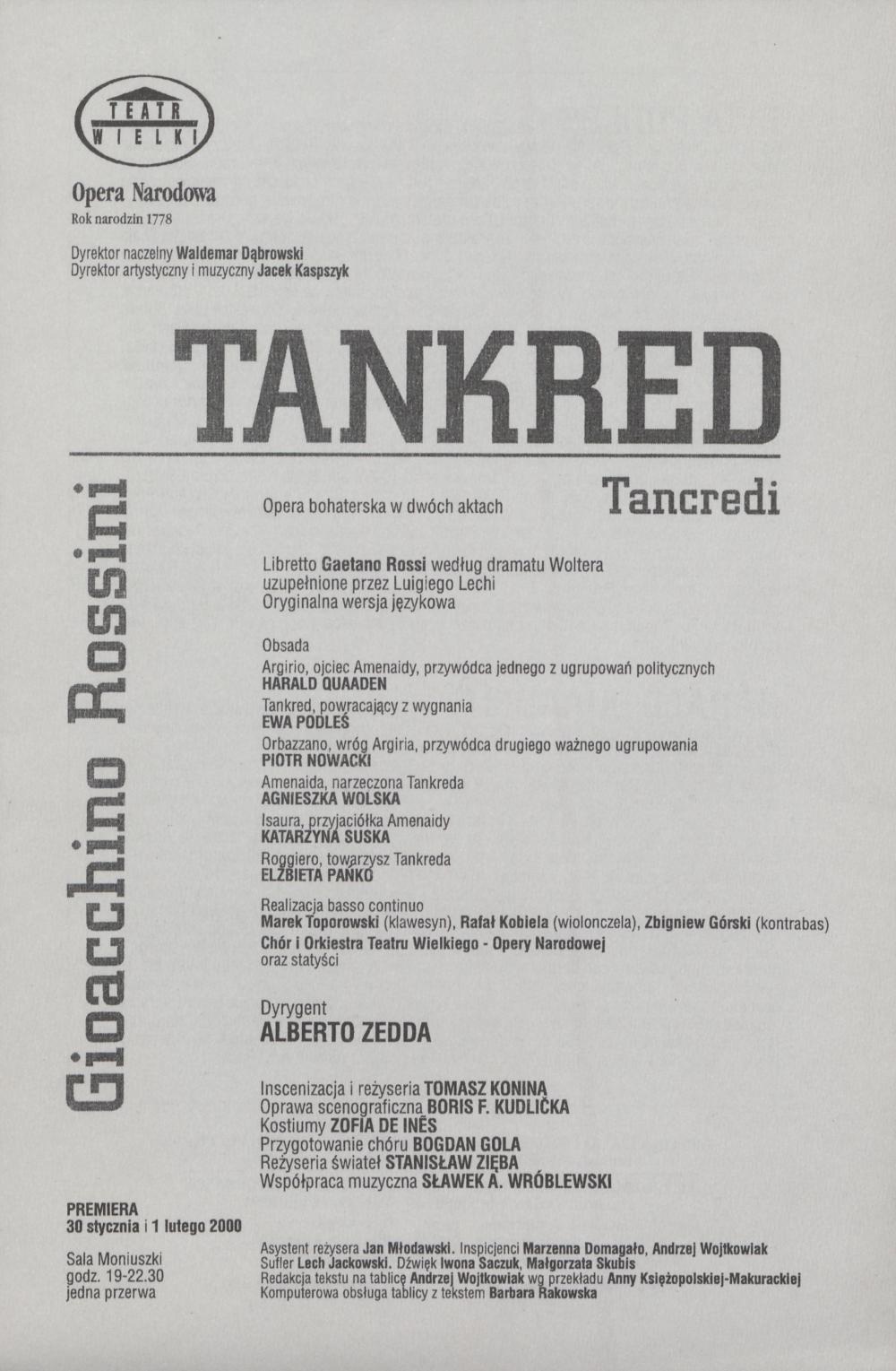 Wkładka premierowa „Tankred” Gioachino Rossini 30-01-2000