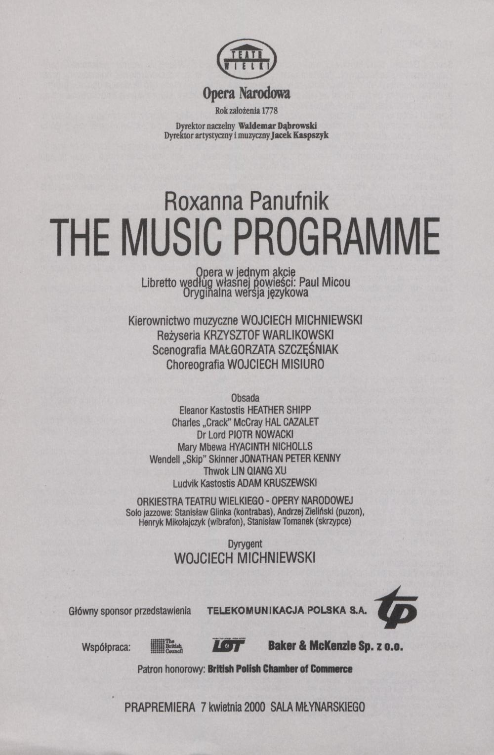 Wkładka obsadowa „The music programme” Roxanna Panufnik 07-04-2000