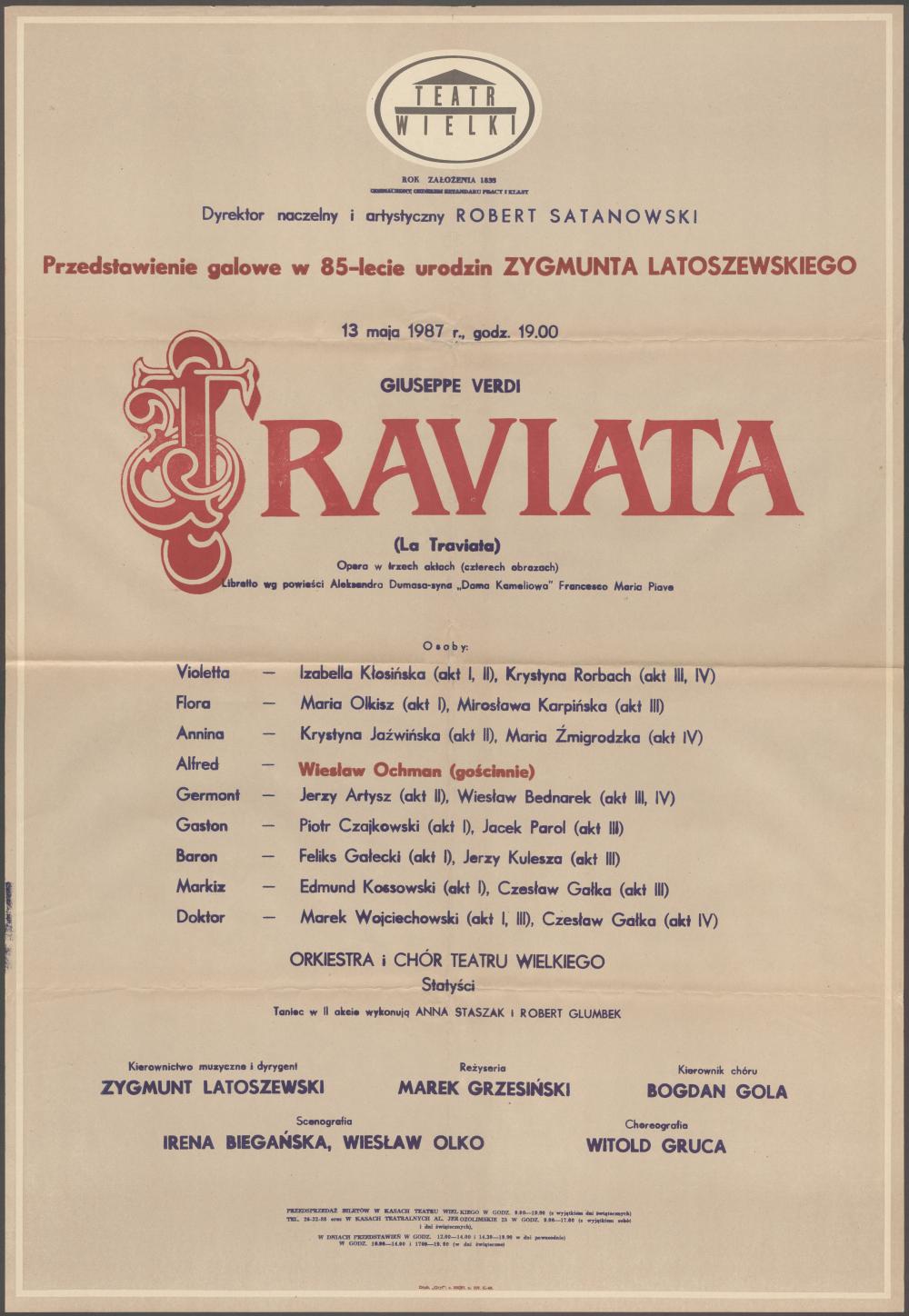 Afisz obsadowy "Traviata" Giuseppe Verdi 22-02-1987