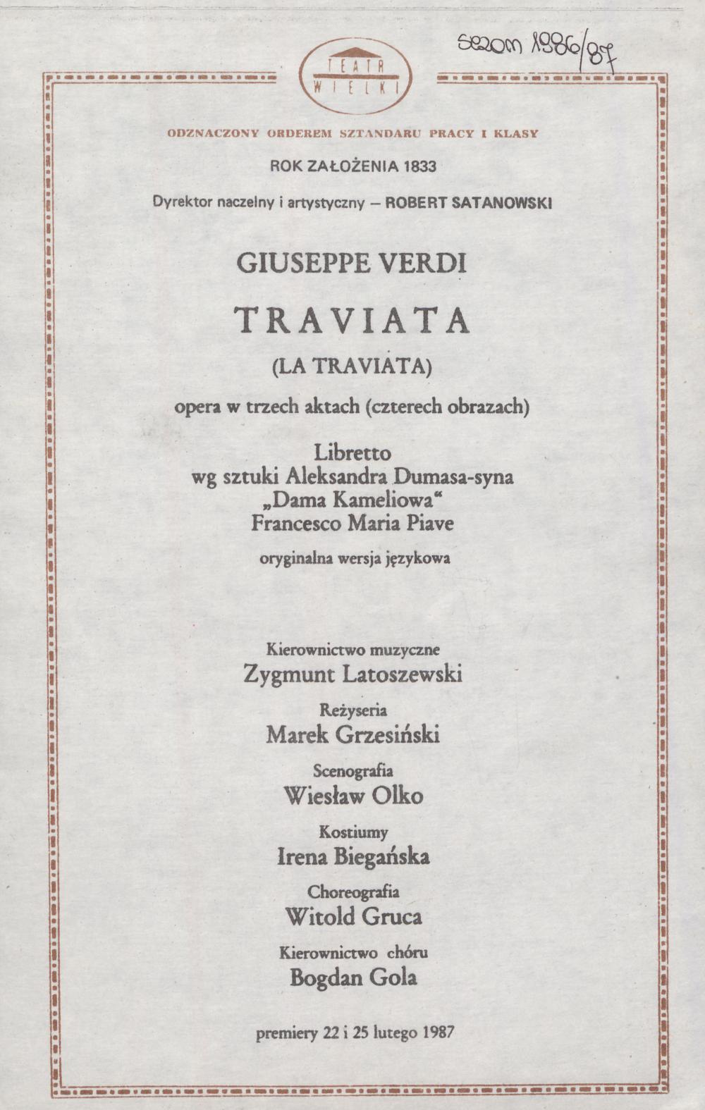 Wkładka premierowa "Traviata" Giuseppe Verdi 22-02-1987