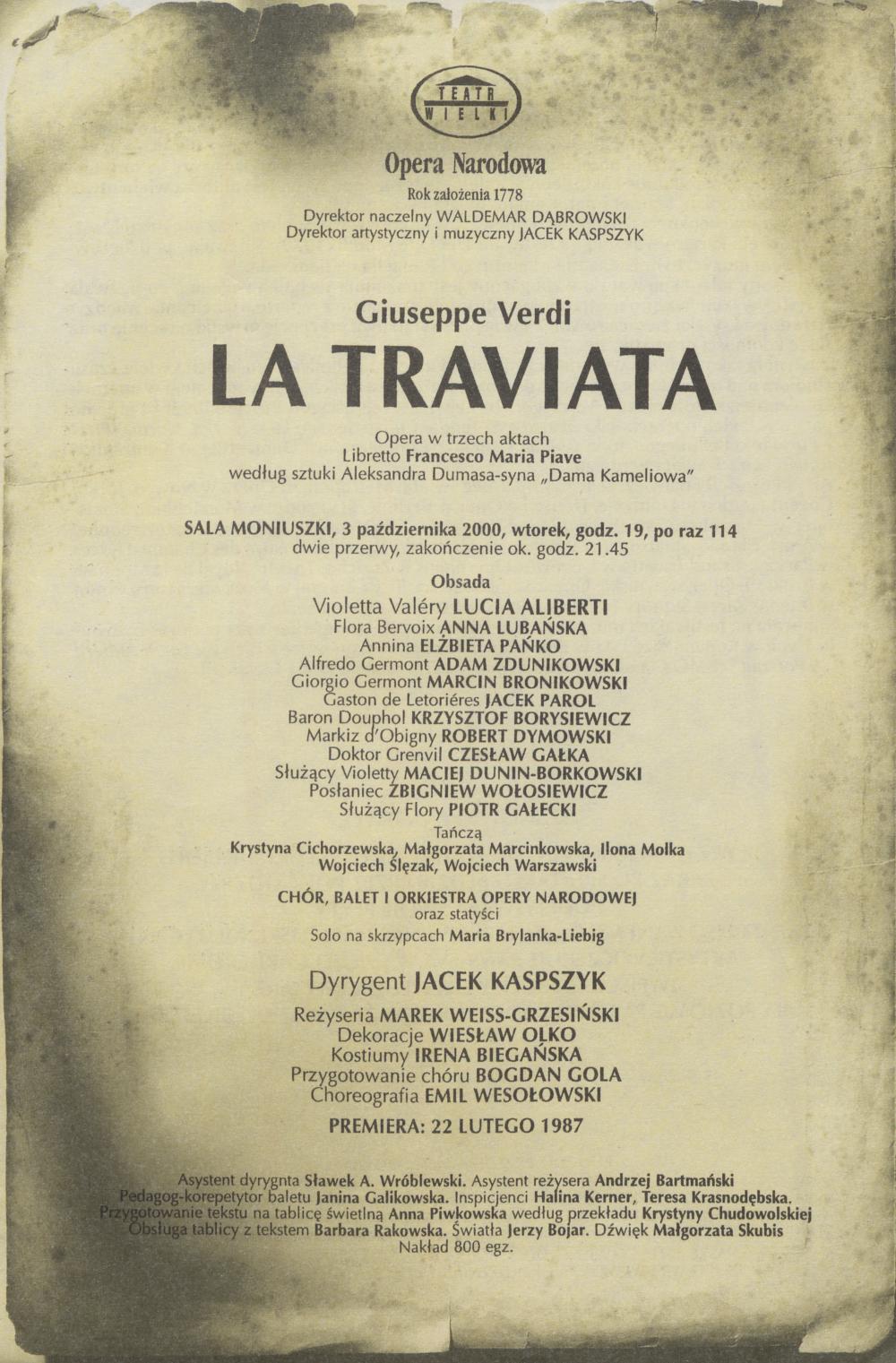 Wkładka Obsadowa "Traviata" Giuseppe Verdi 03-10-2000