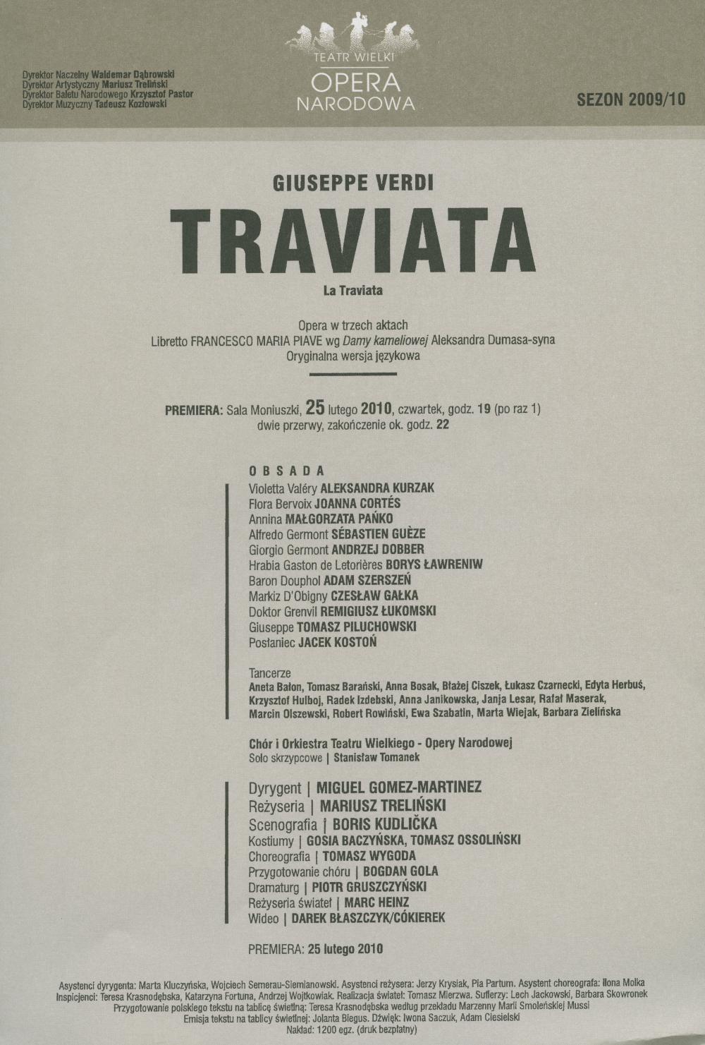 Wkładka premierowa „Traviata” Giuseppe Verdi 25-02-2010