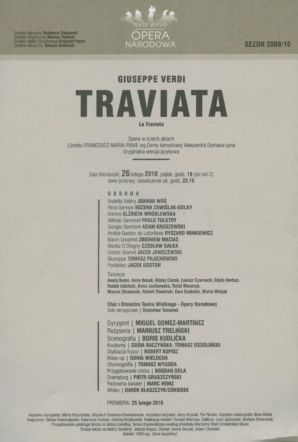 Wkładka obsadowa „Traviata” Giuseppe Verdi 26-02-2010