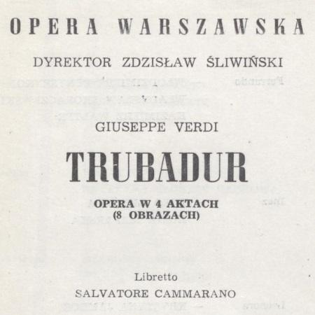 Wkładka premierowa „Trubadur” Giuseppe Verdi 31-01-1959 Opera Warszawska