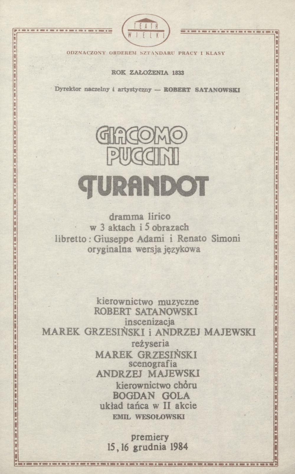 Wkładka obsadowa „Turandot” Giacomo Puccini 04-05-1986