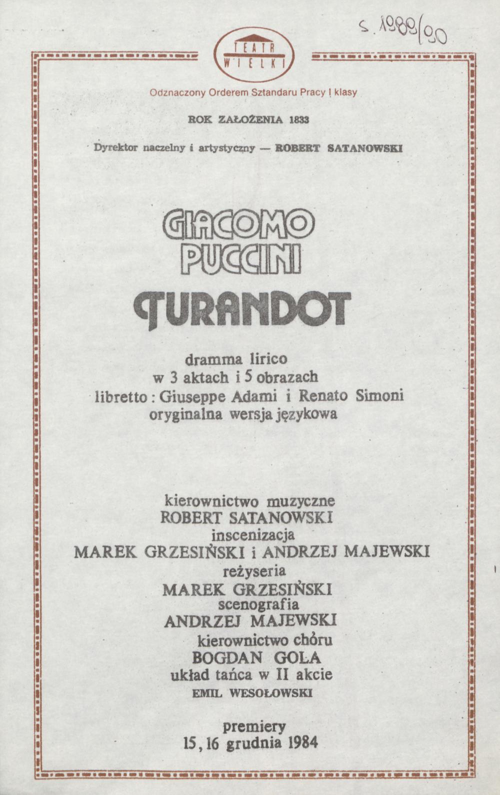 Wkładka obsadowa „Turandot” Giacomo Puccini 02-12-1989