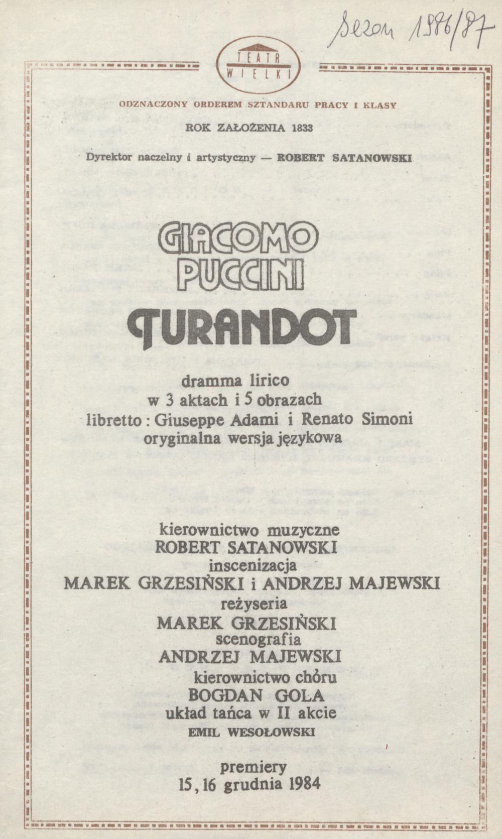 Wkładka obsadowa „Turandot” Giacomo Puccini 23-09-1986