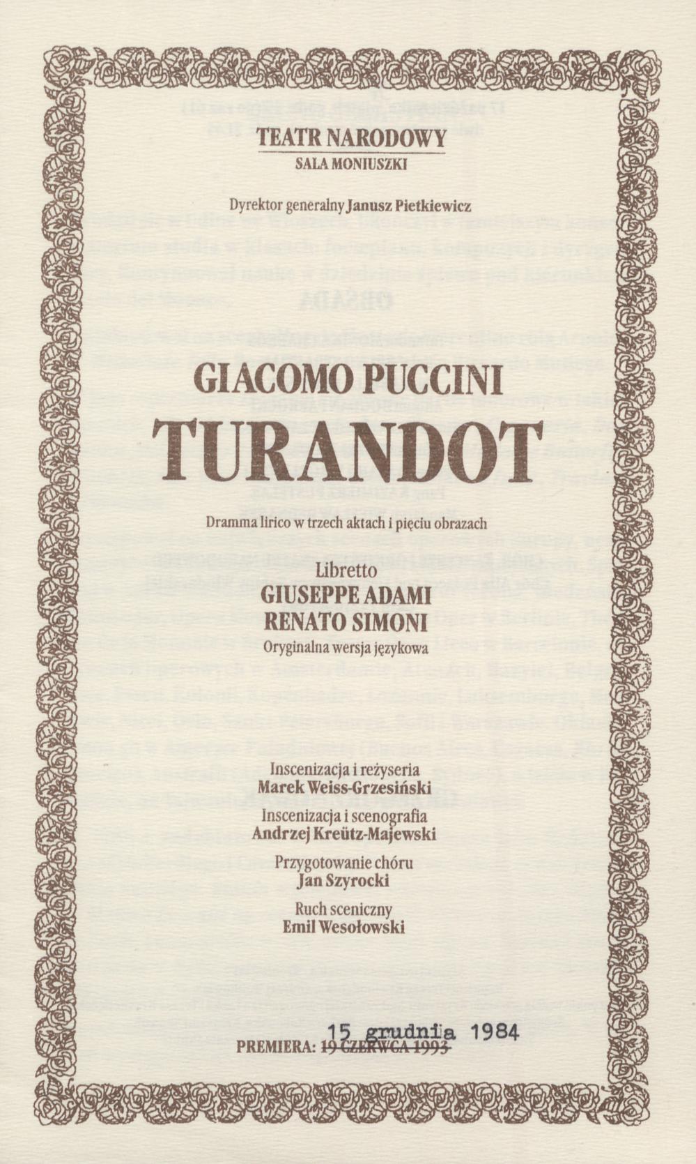 Wkładka obsadowa „Turandot” Giacomo Puccini 17-10-1997