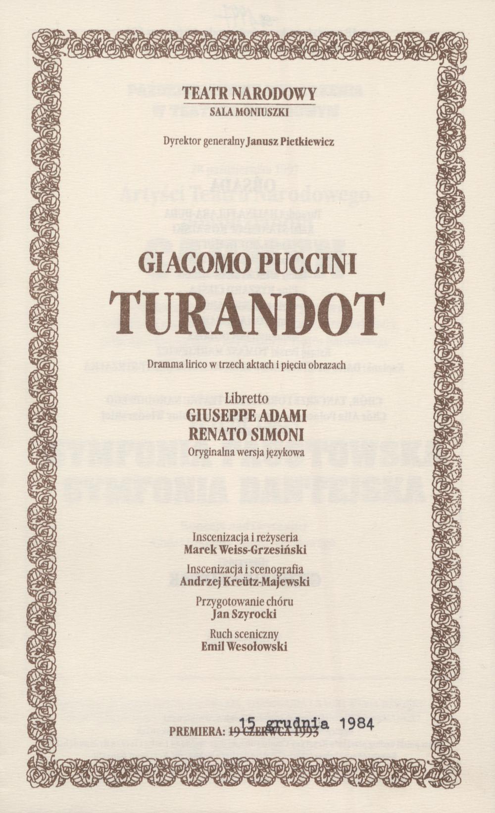 Wkładka obsadowa „Turandot” Giacomo Puccini 18-10-1997