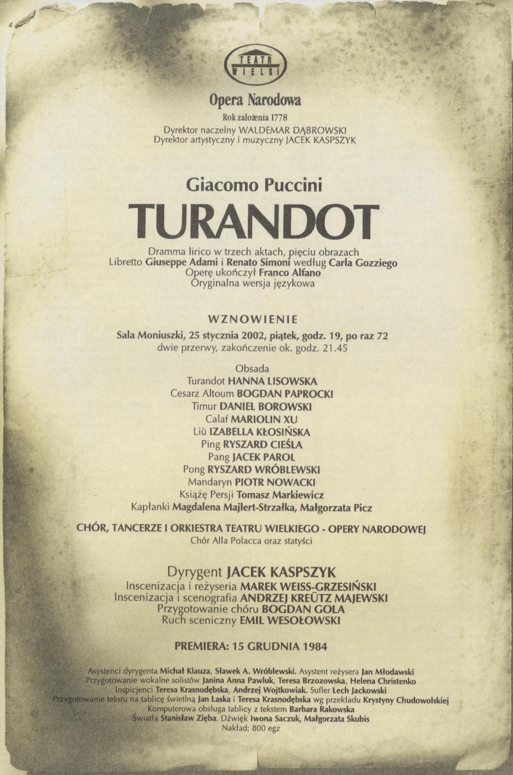 Wkładka obsadowa „Turandot” Giacomo Puccini 25-01-2002- Wznowienie