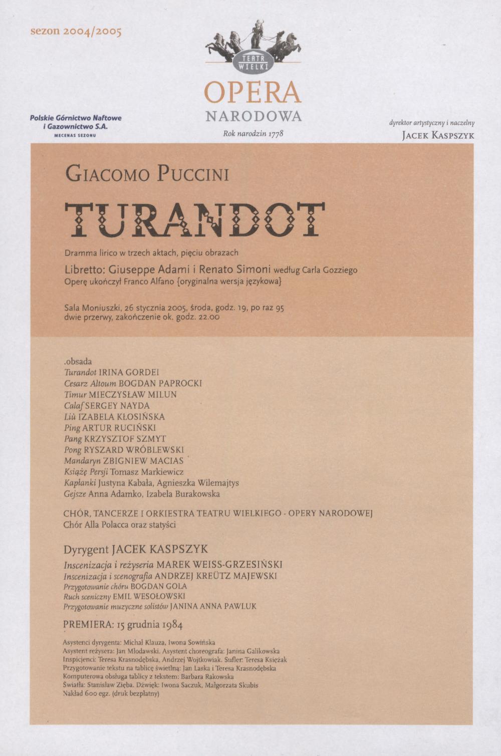 Wkładka obsadowa- „Turandot”, Giacomo Puccini 26-01-2005