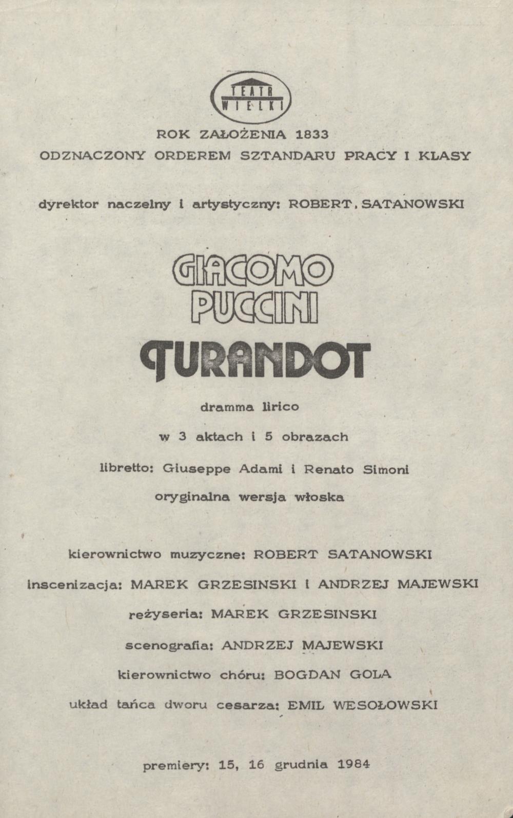 Wkładka obsadowa II Premiera „Turandot” Giacomo Puccini 16-12-1984