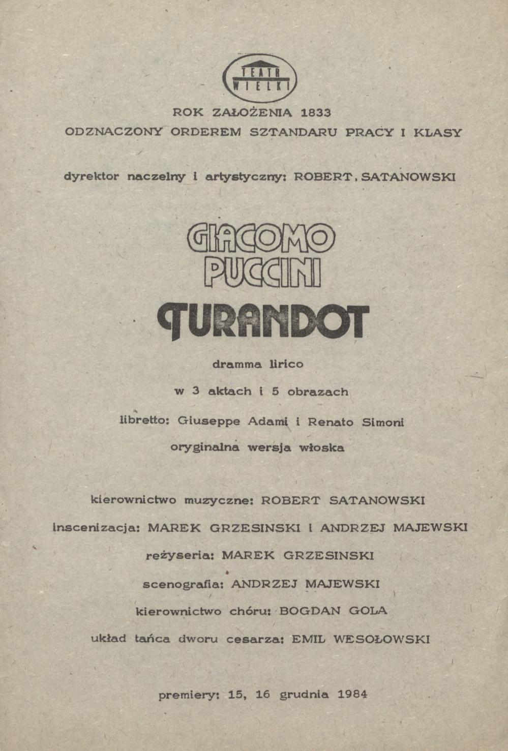 Wkładka obsadowa „Turandot” Giacomo Puccini 10-01-1985