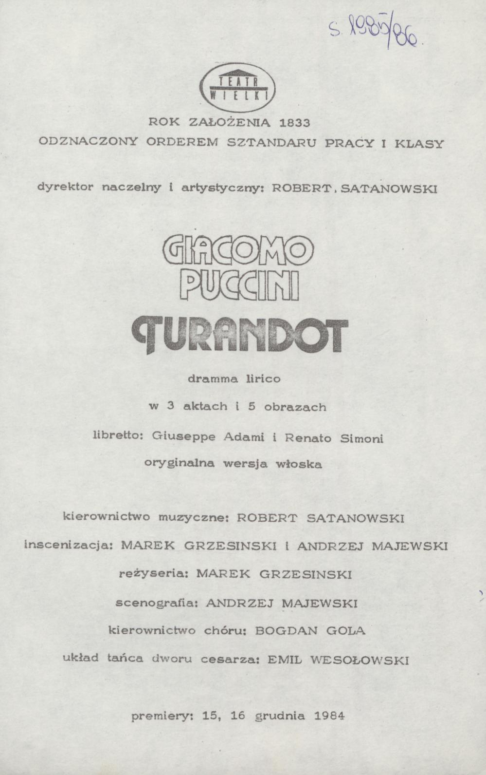 Wkładka obsadowa „Turandot” Giacomo Puccini 20-10-1985