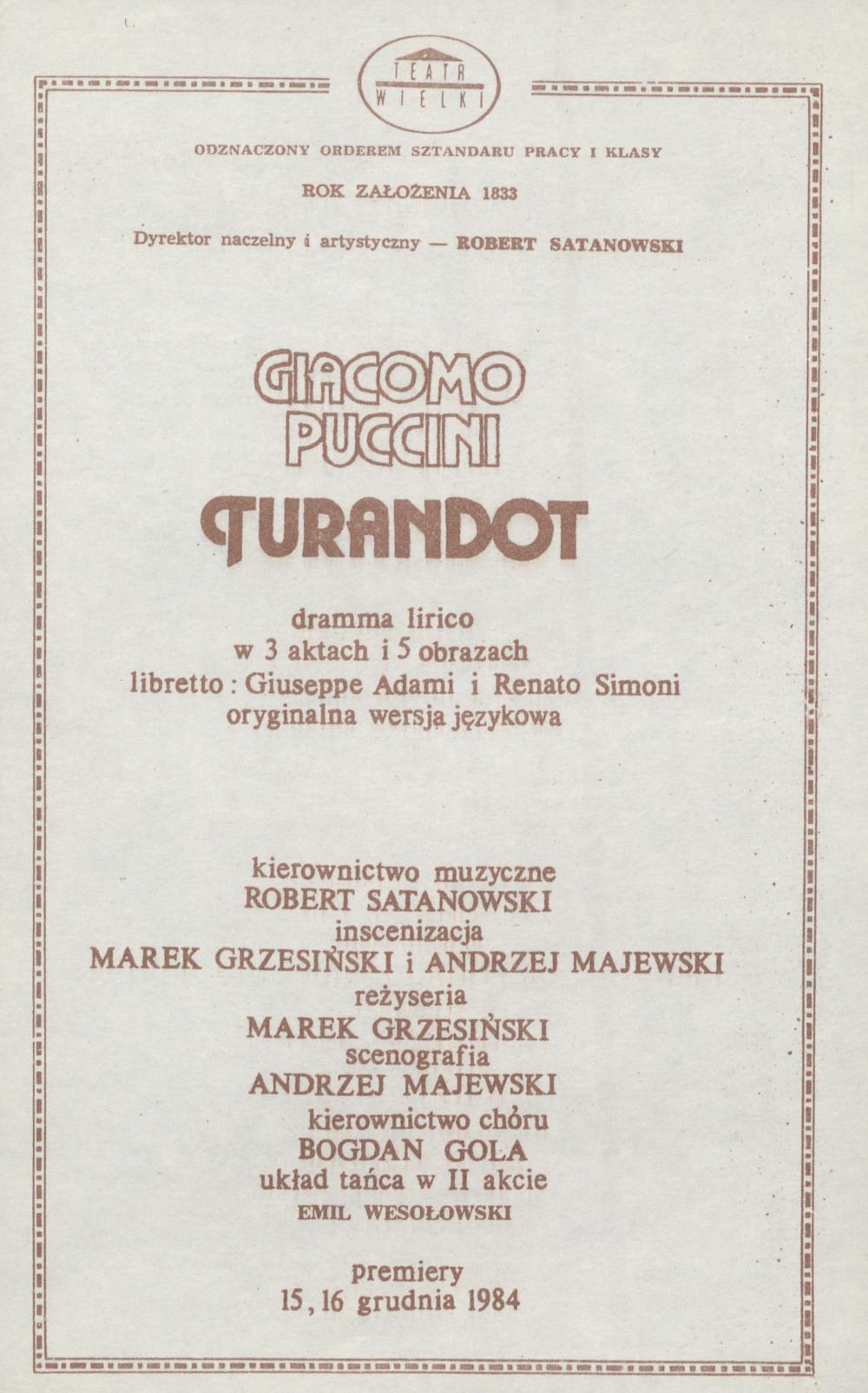 Wkładka obsadowa „Turandot” Giacomo Puccini 26-01-1986