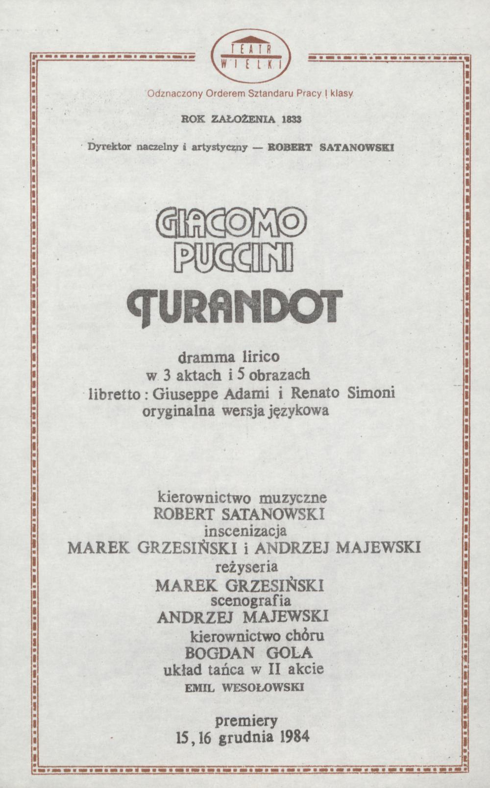 Wkładka obsadowa „Turandot” Giacomo Puccini 03-12-1989