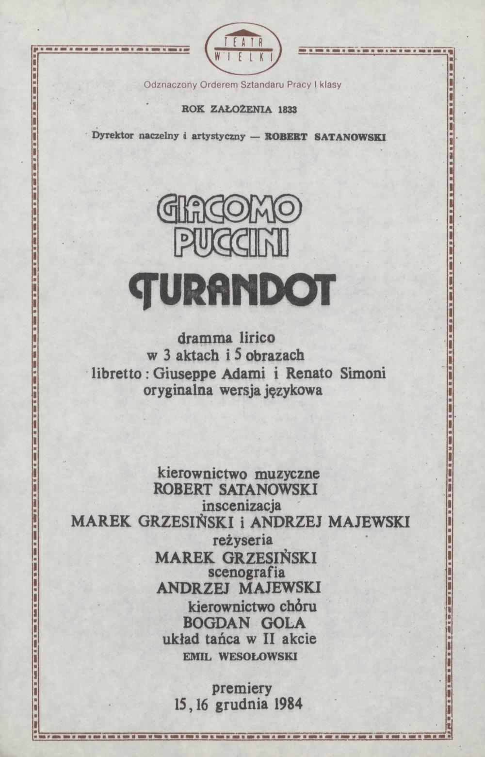 Wkładka obsadowa „Turandot” Giacomo Puccini 24-04-1990