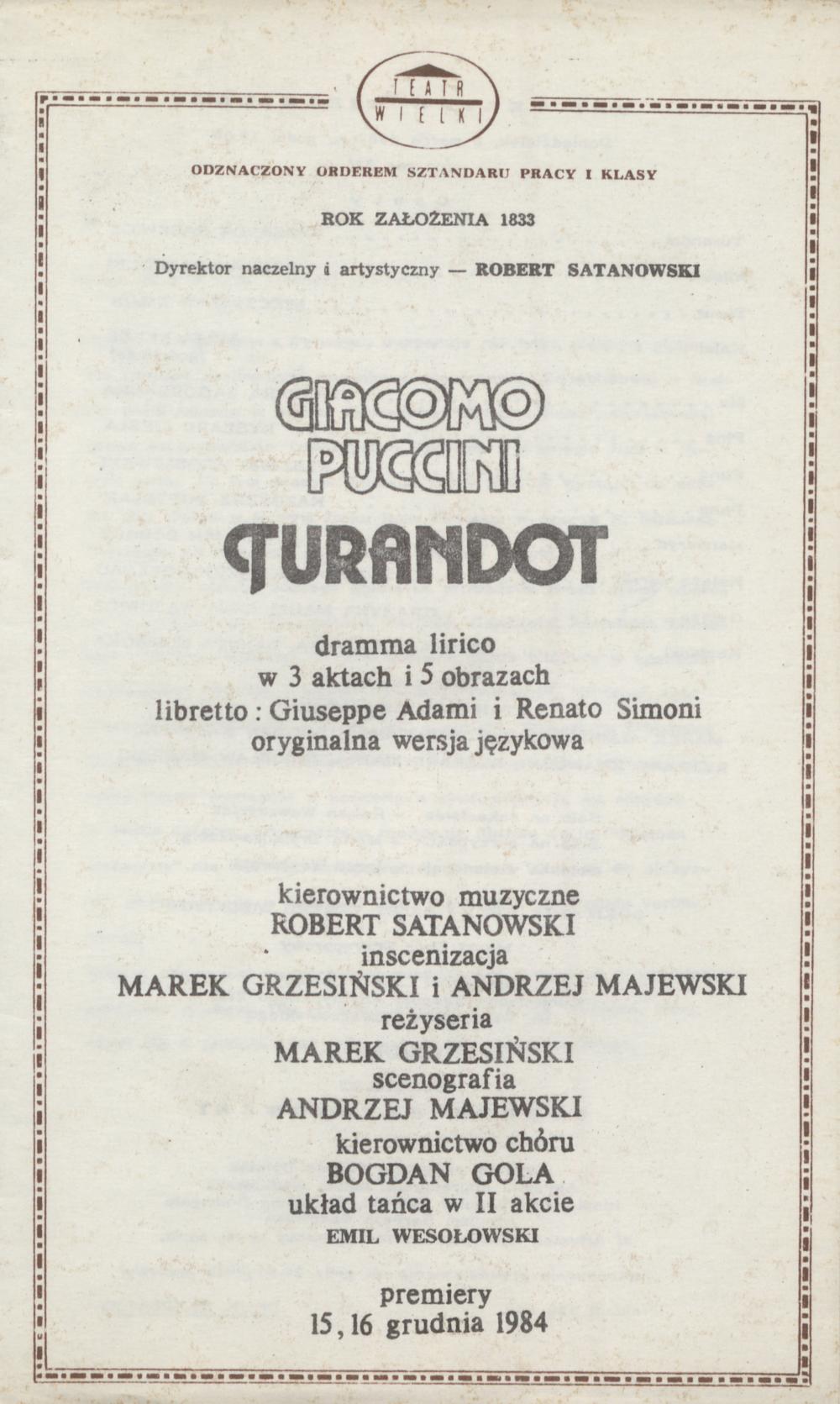 Wkładka obsadowa „Turandot” Giacomo Puccini 02-03-1987