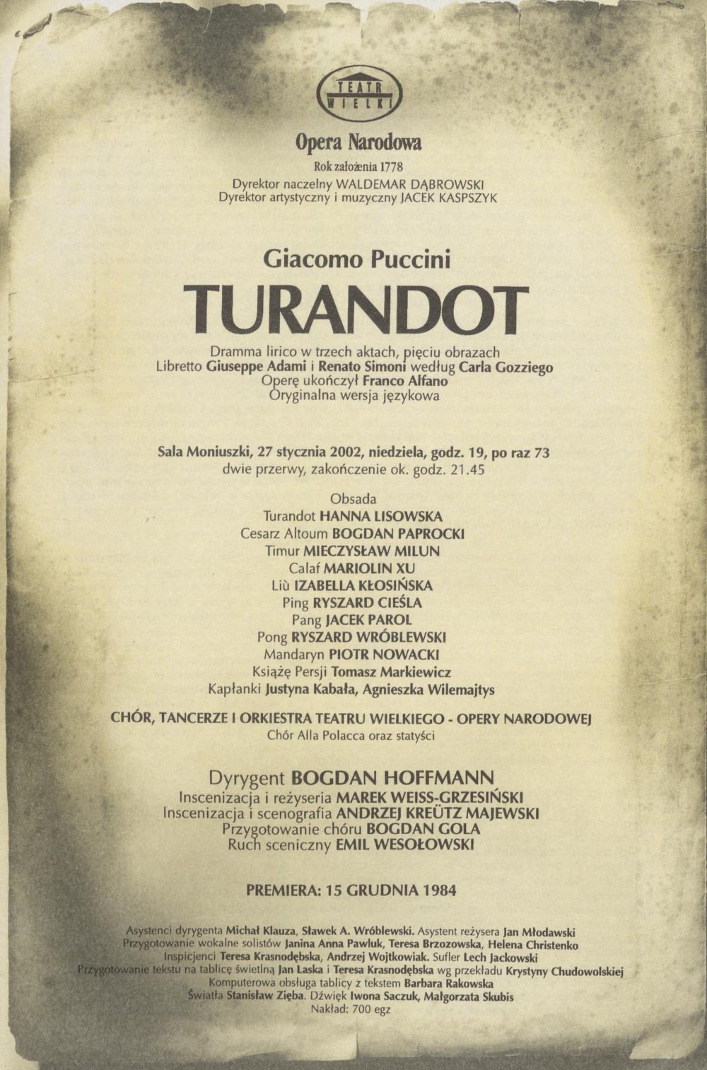 Wkładka obsadowa „Turandot” Giacomo Puccini 27-01-2002