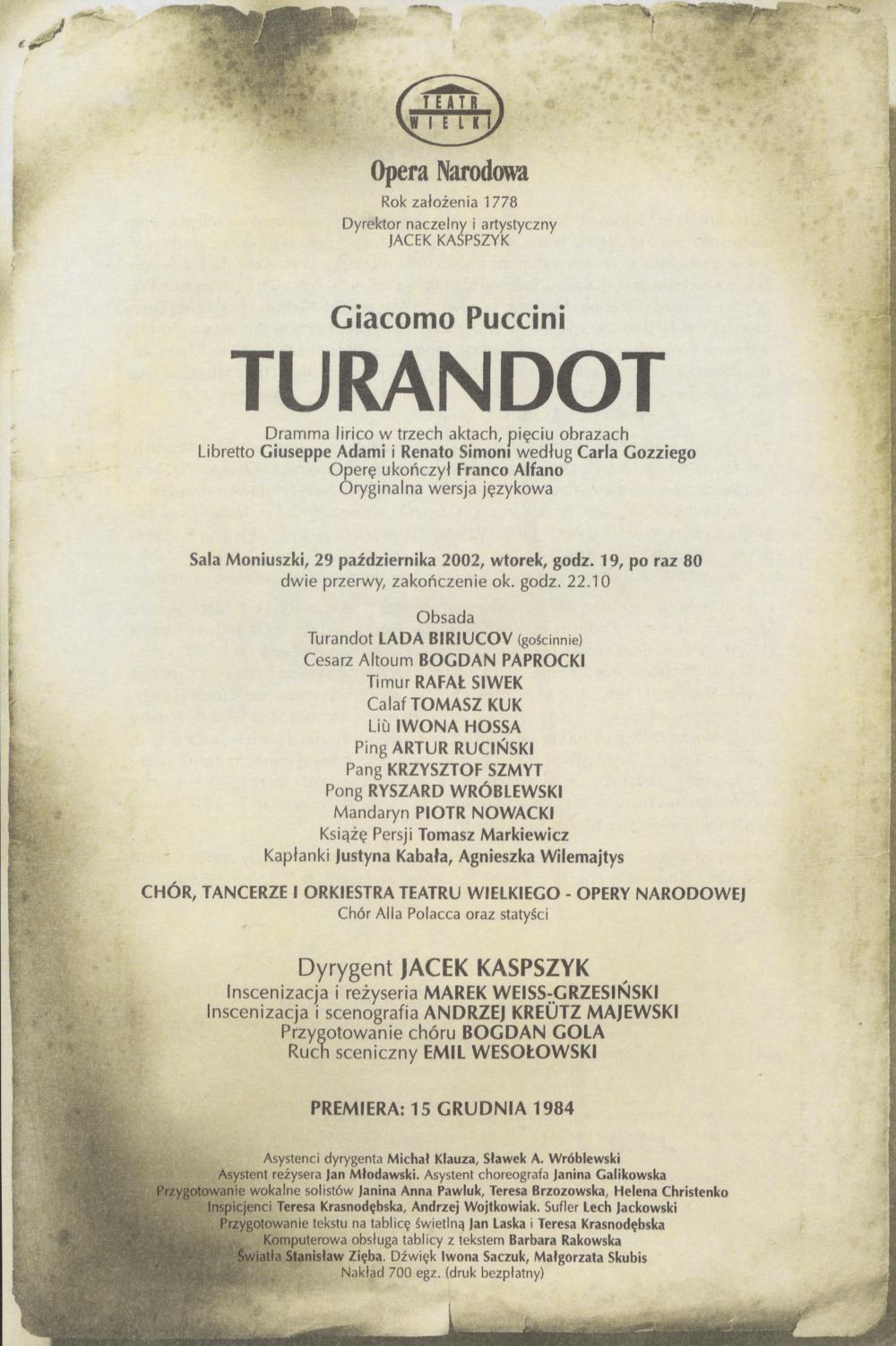 Wkładka obsadowa „Turandot” Giacomo Puccini 29-10-2002
