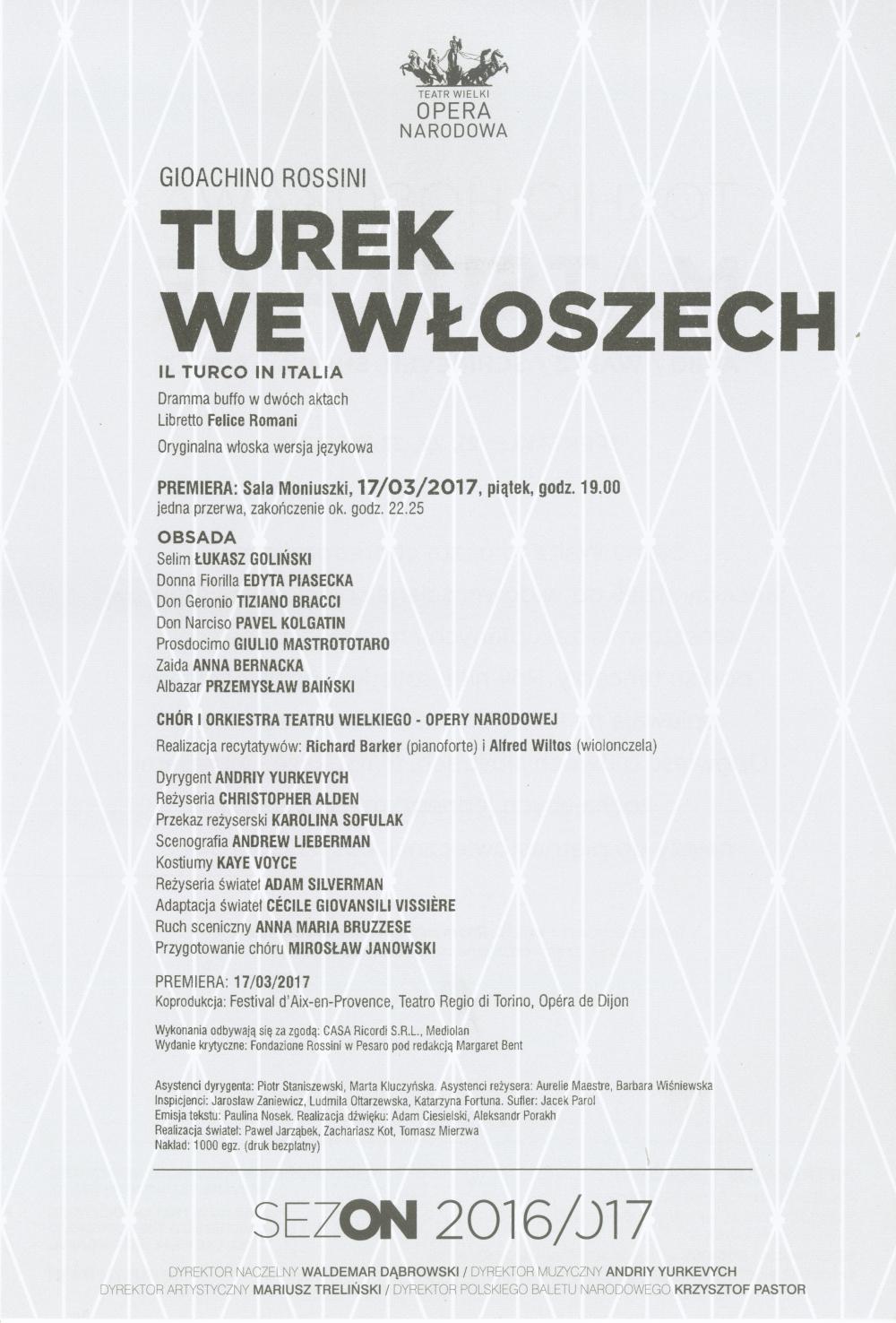 Wkładka obsadowa „Turek we Włoszech” Gioachino Rossini premiera 2017-03-17