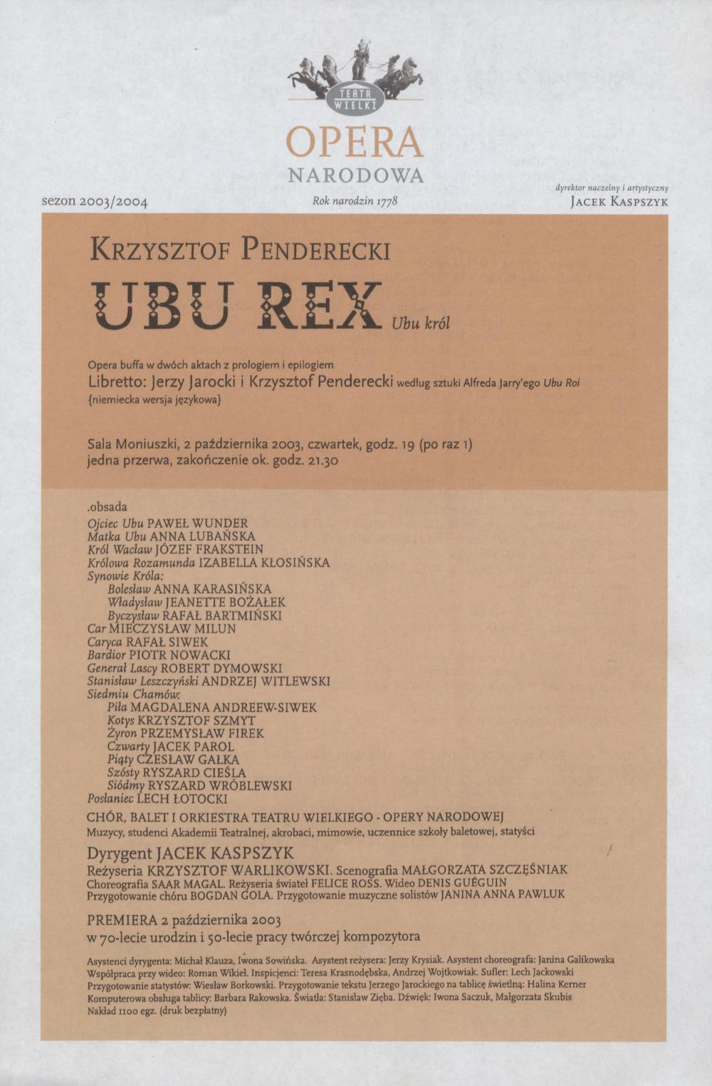 Wkładka premierowa „Ubu Rex” Krzysztof Penderecki 2-10-2003