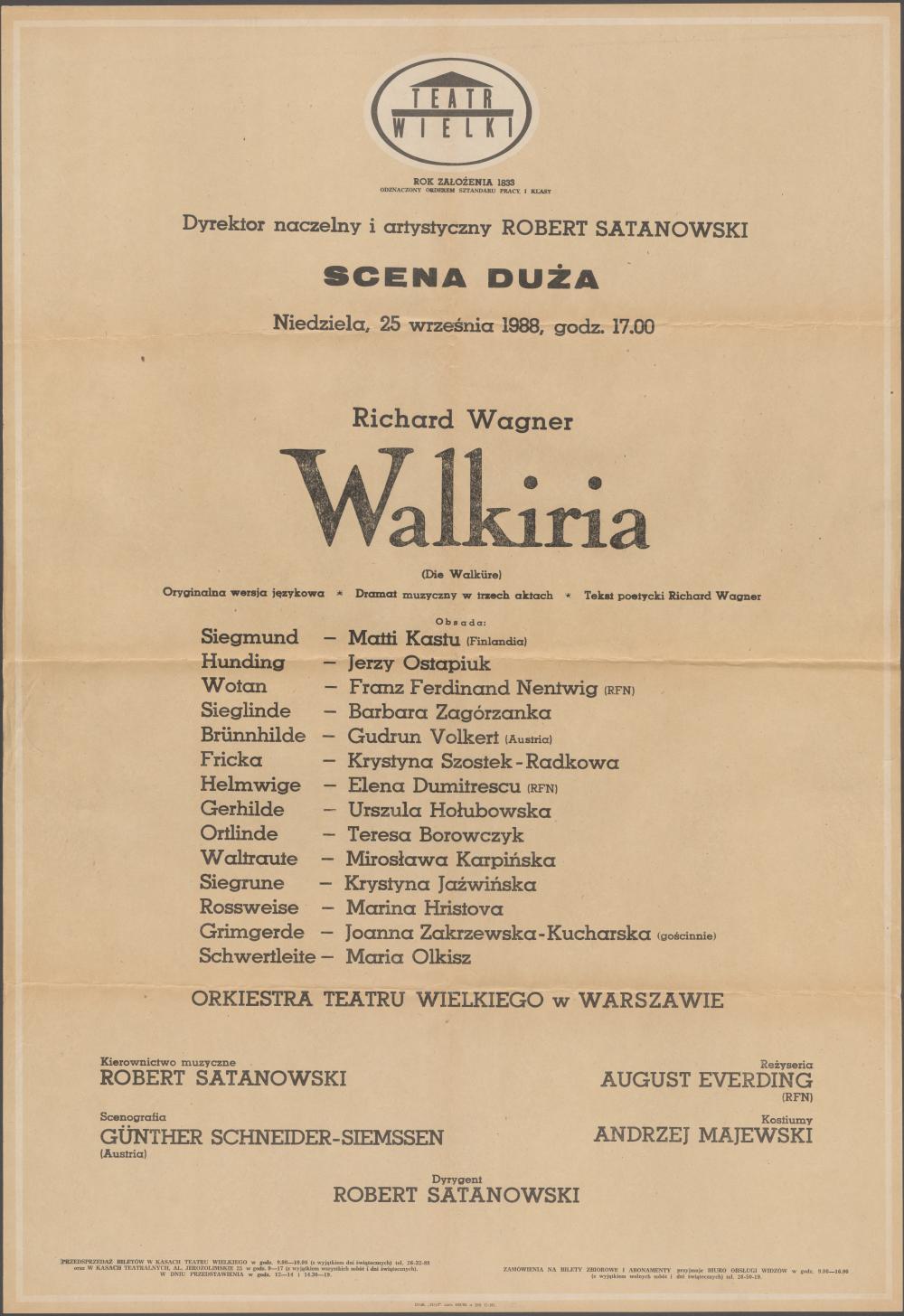 Afisz „Walkiria” Richard Wagner 25-09-1988