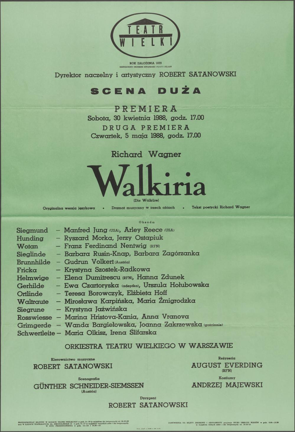 Afisz „Walkiria” Richard Wagner 30-04-1988, 05-05-1988