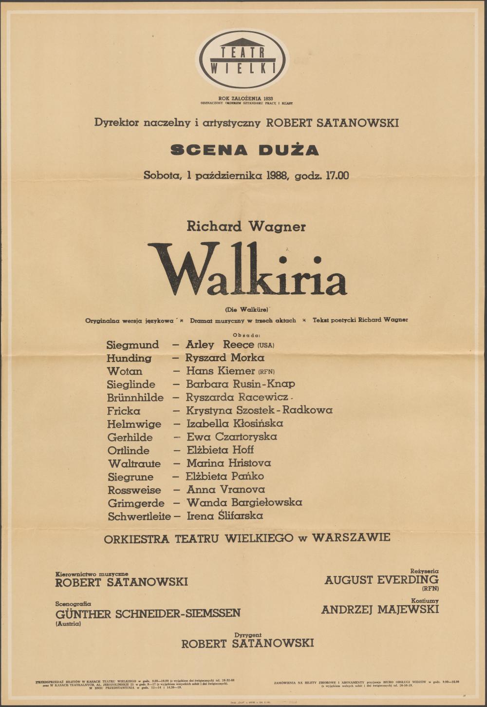 Afisz „Walkiria” Richard Wagner 01-10-1988