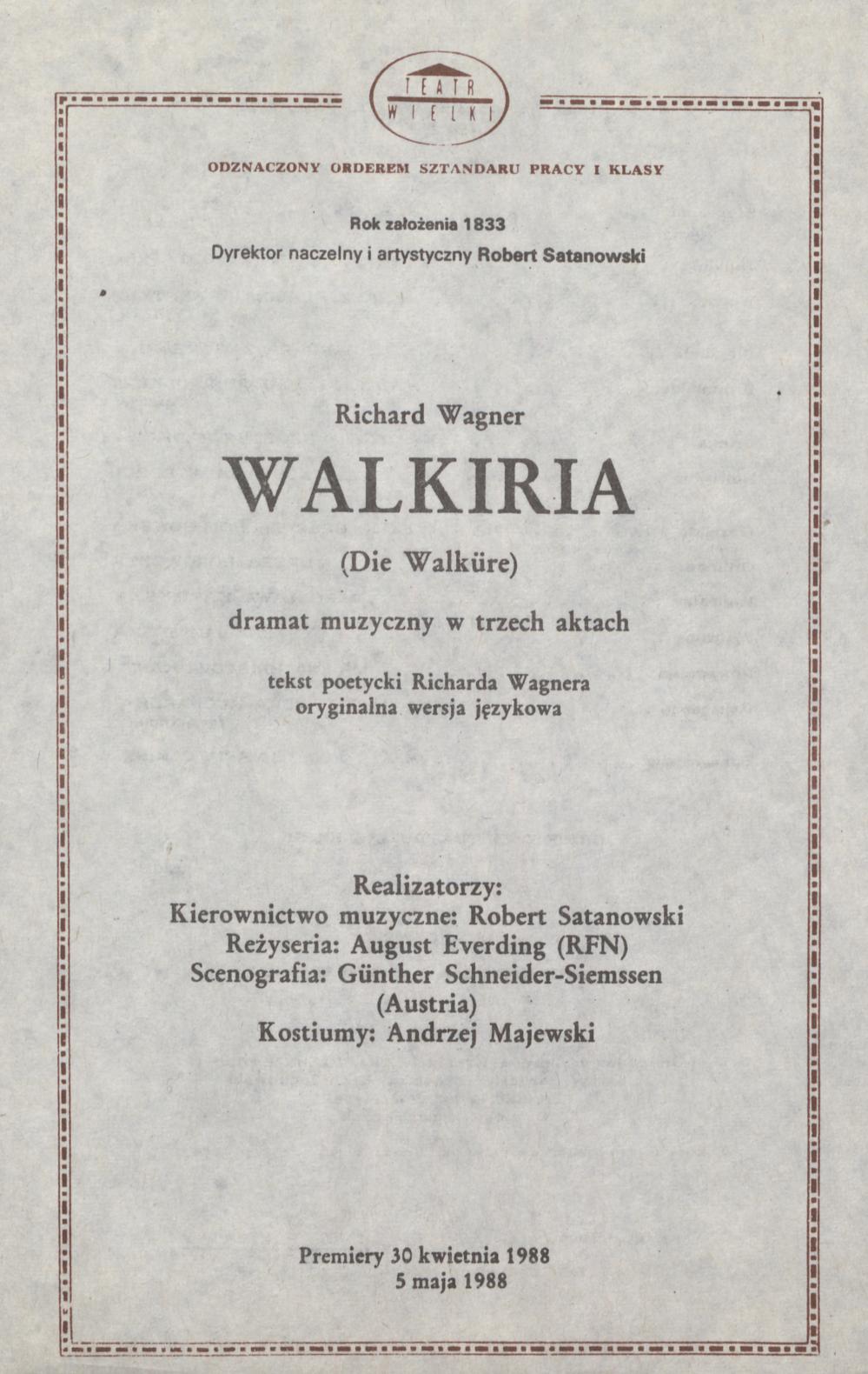 Wkładka obsadowa „Walkiria” Richard Wagner 25-09-1988