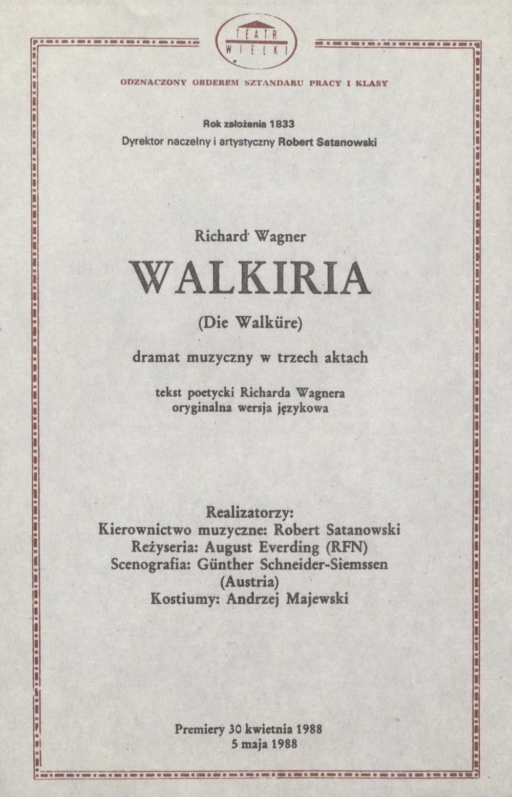 Wkładka obsadowa „Walkiria” Richard Wagner 12-02-1989
