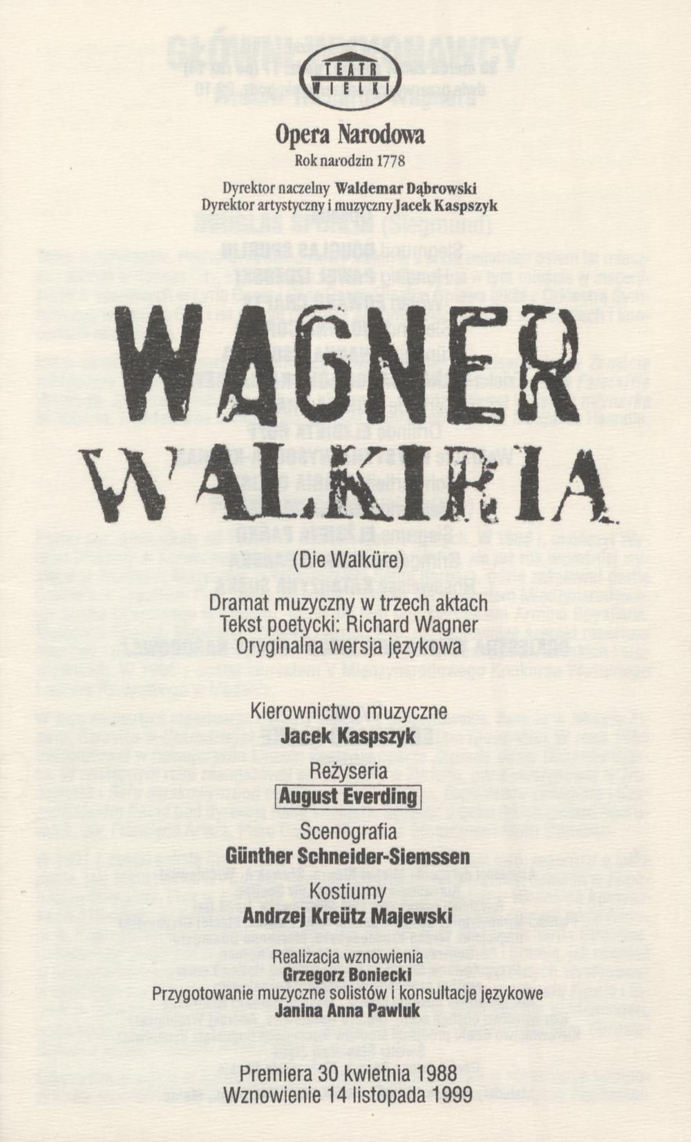 Wkładka obsadowa „Walkiria” Richard Wagner 25-03-2000