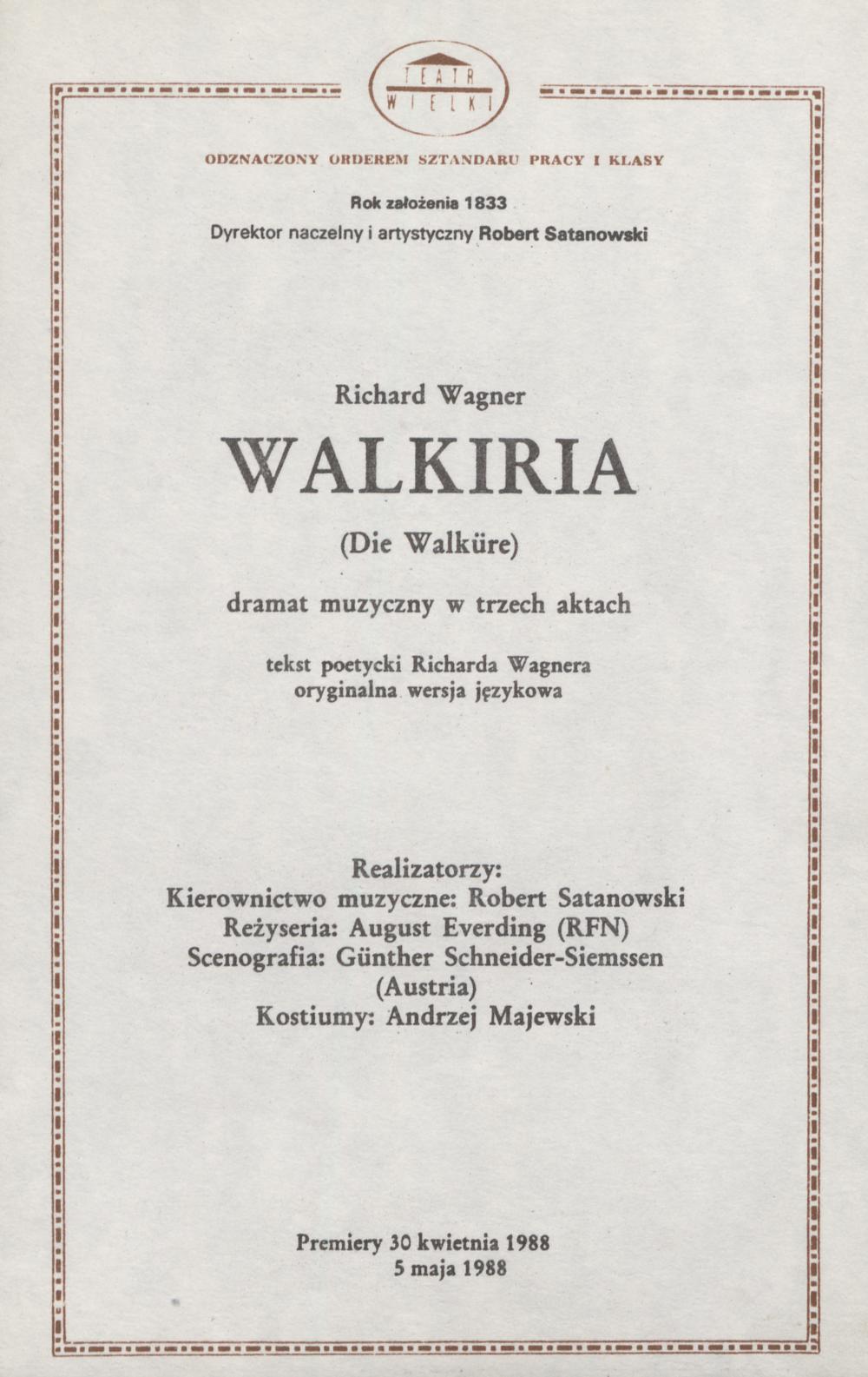 Wkładka obsadowa „Walkiria” Richard Wagner 30-04-1988