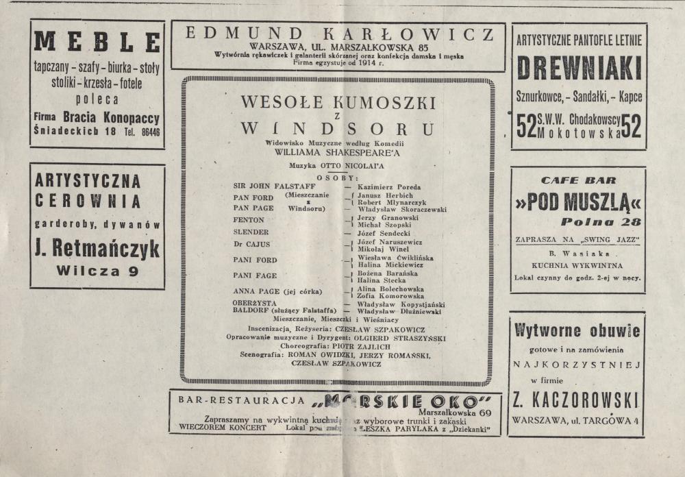 Wkładka obsadowa „Wesołe Kumoszki z Windsoru” Otto Nicolai 26-04-1947
