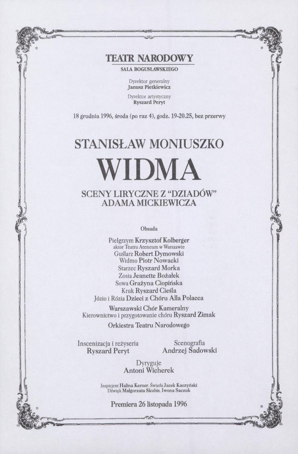 Wkładka obsadowa „Widma” Stanisław Moniuszko 18-12-1996