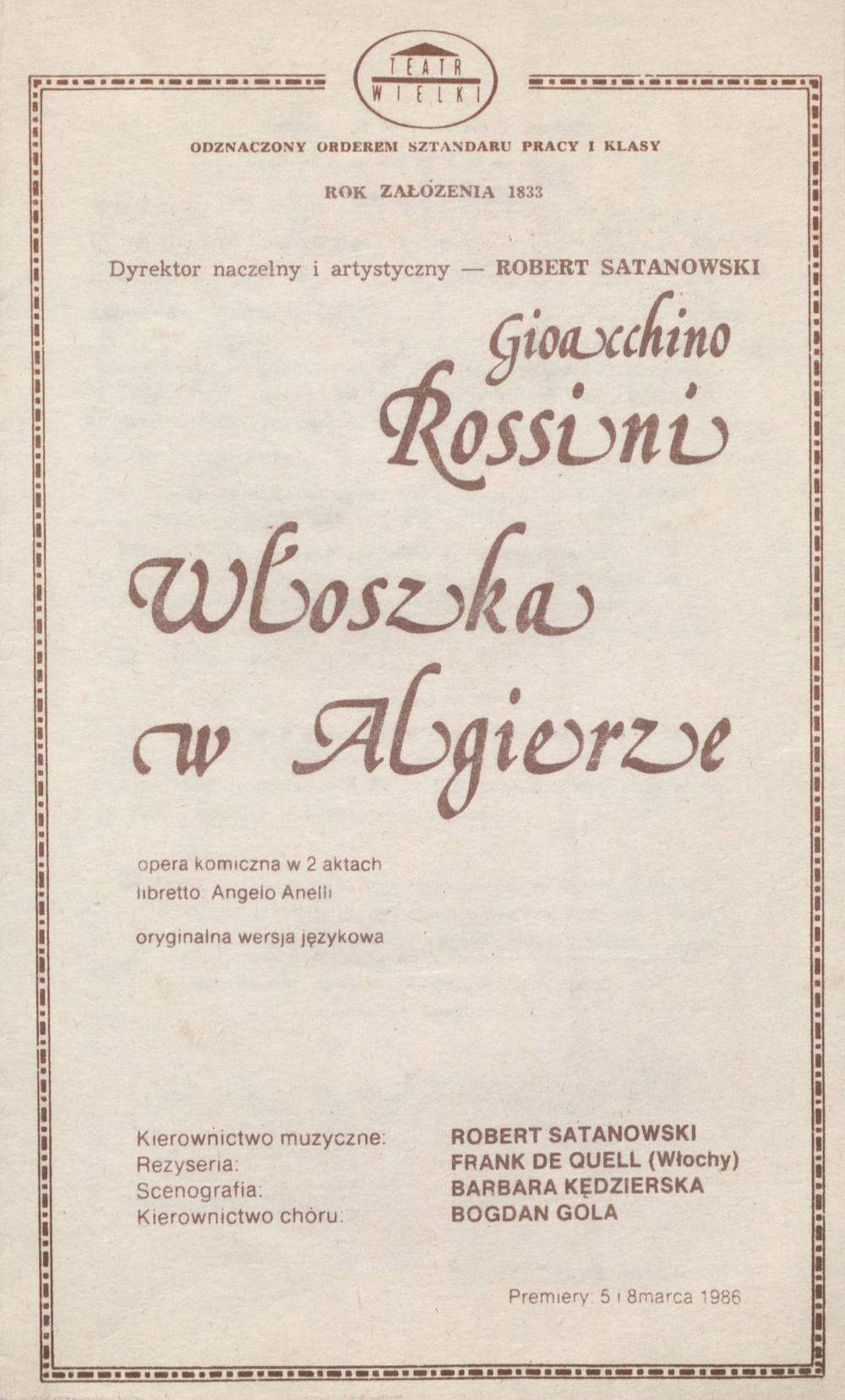 Wkładka premierowa „Włoszka w Algierze” Gioachino Rossini 08-03-1986