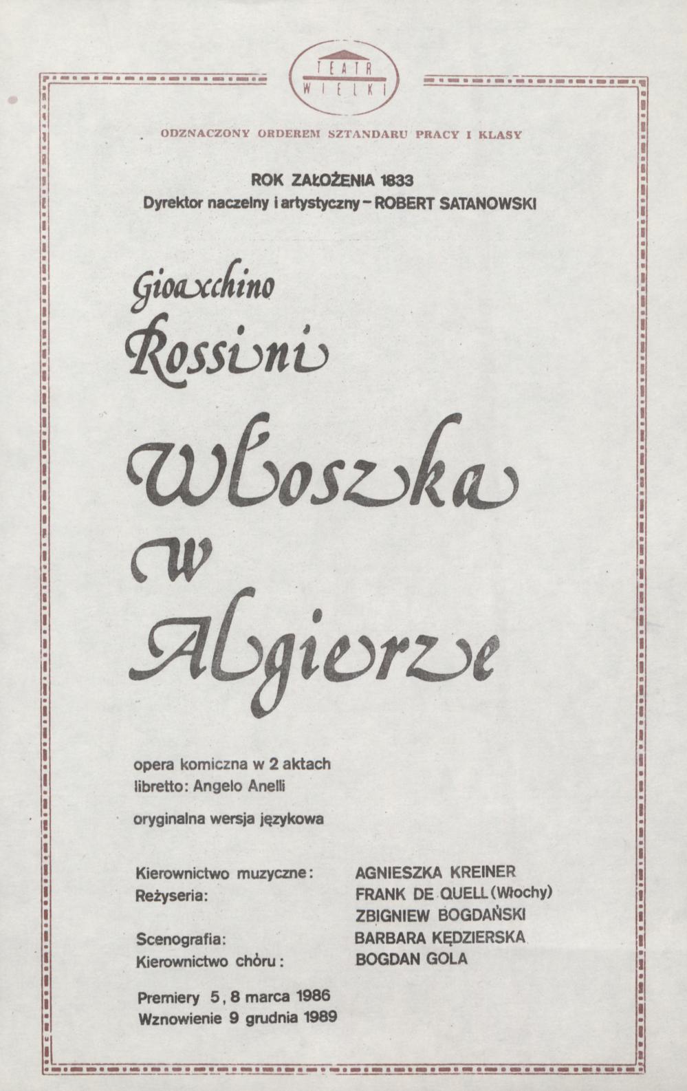 Wkładka obsadowa „Włoszka w Algierze” Gioachino Rossini 09-12-1989