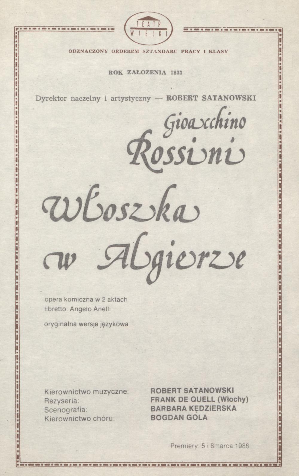 Wkładka obsadowa „Włoszka w Algierze” Gioachino Rossini 02-04-1986