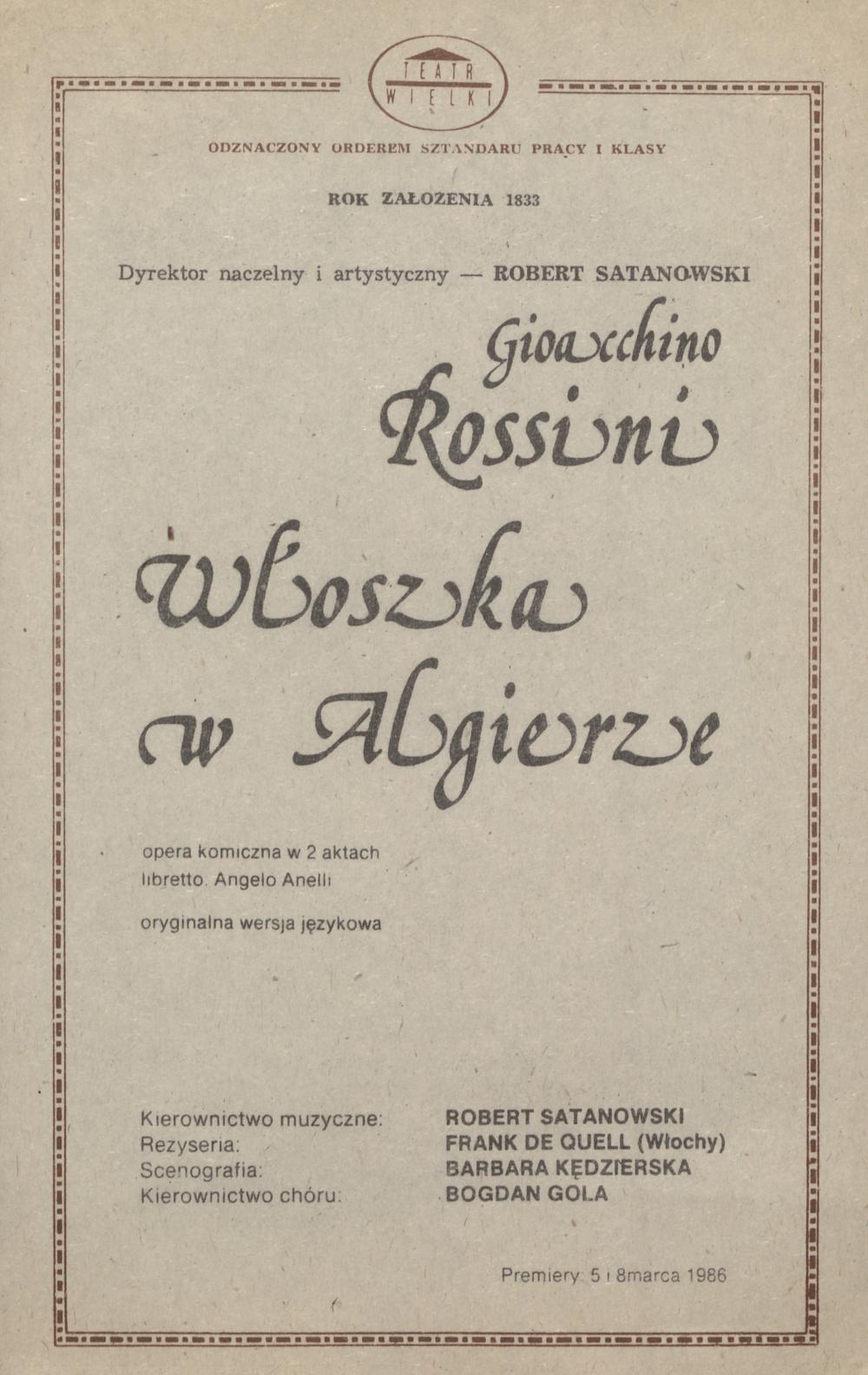 Wkładka obsadowa „Włoszka w Algierze” Gioachino Rossini 11-04-1986
