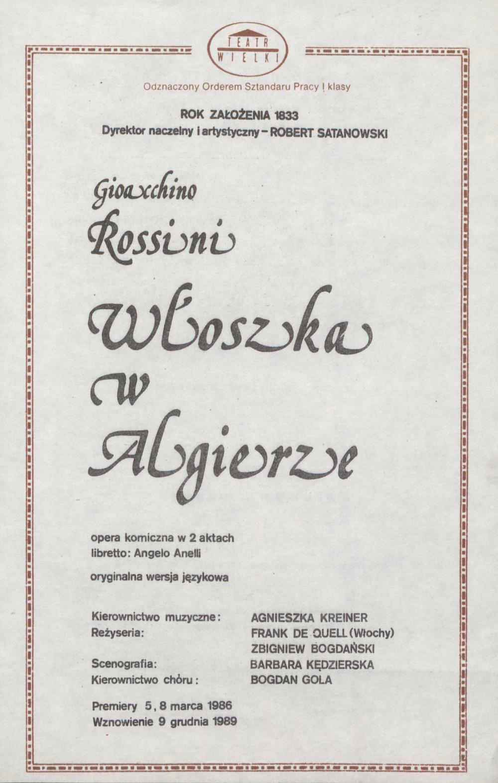 Wkładka obsadowa „Włoszka w Algierze” Gioachino Rossini 07-01-1990