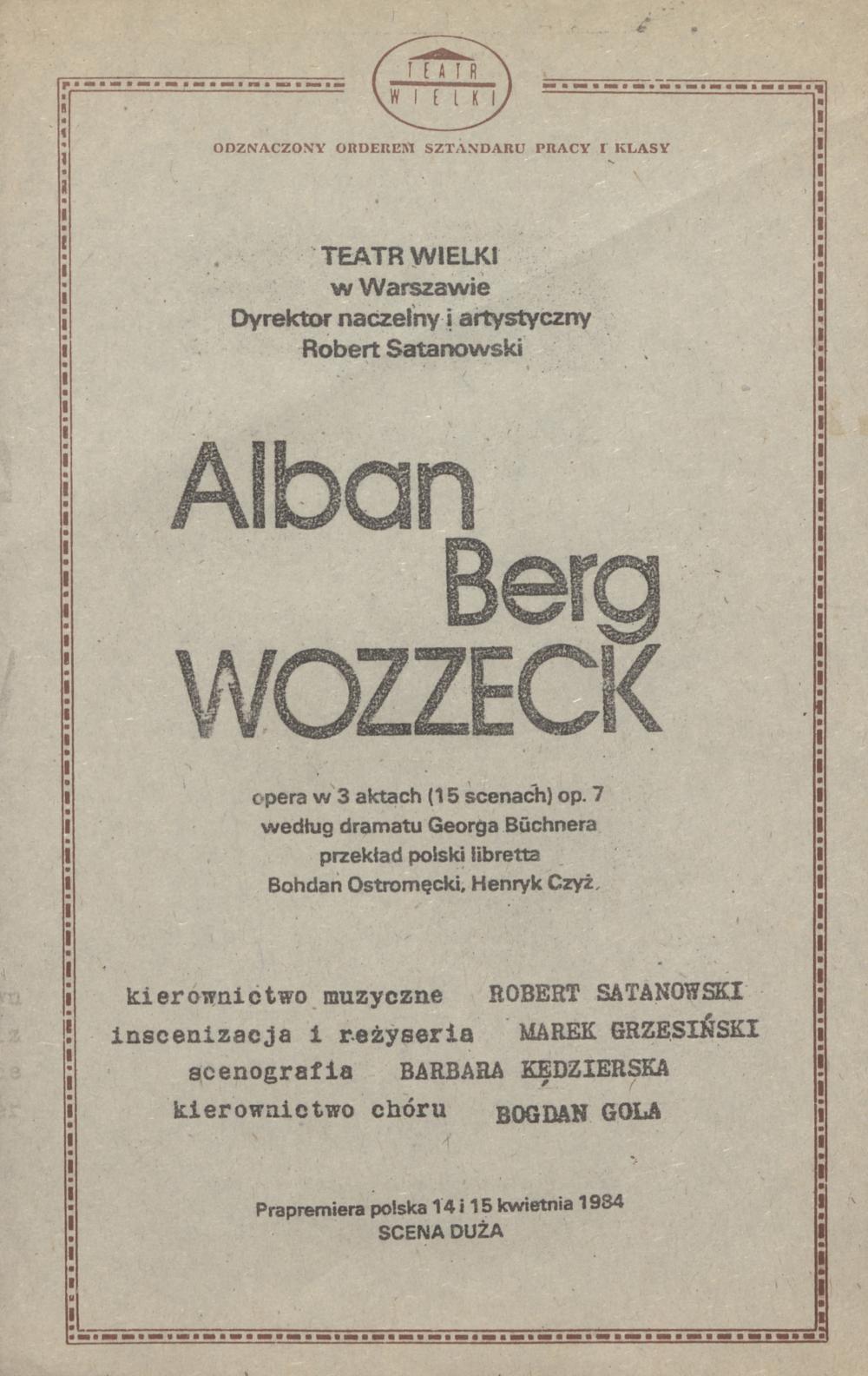 Wkładka obsadowa „Wozzeck” Alban Berg 14-03-1985