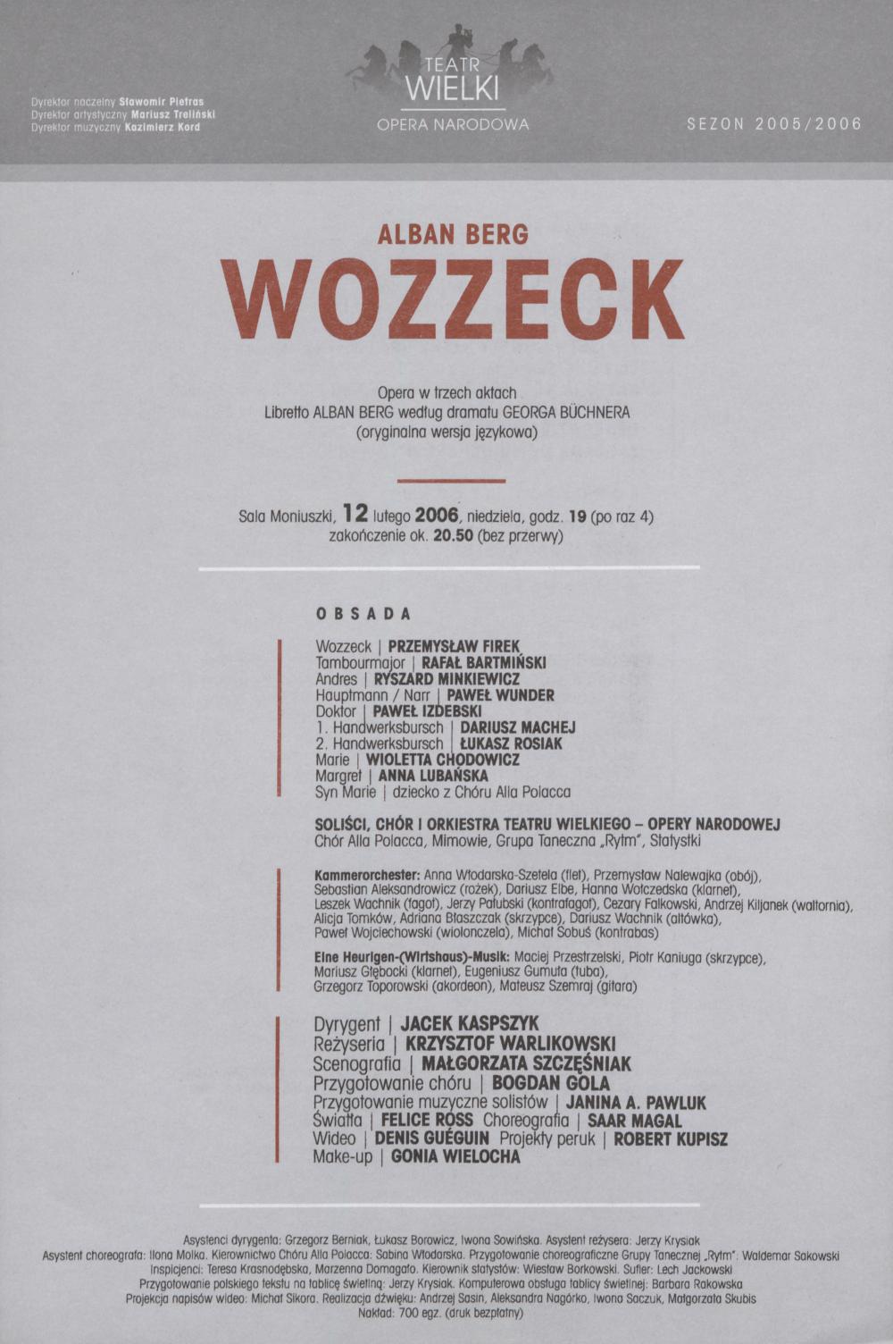 Wkładka obsadowa „Wozzeck” Alban Berg 12-02-2006